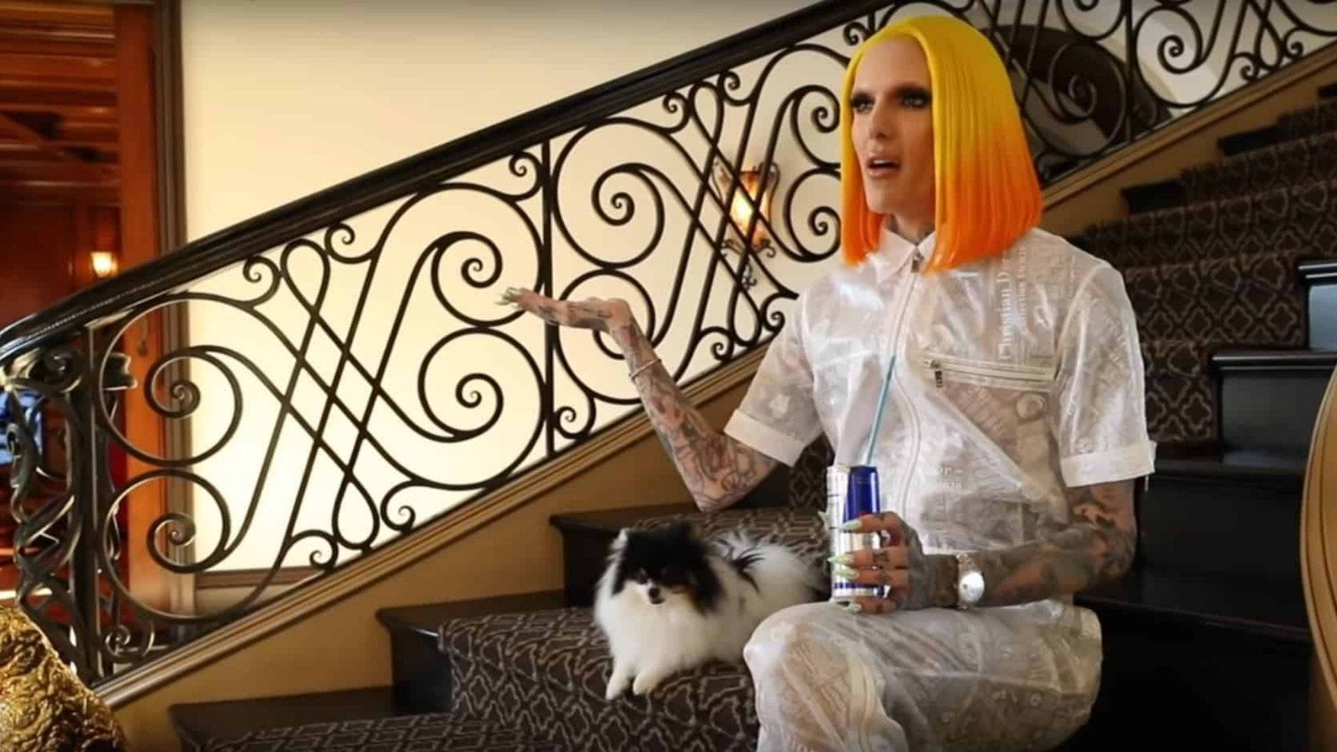 Jeffree Star, stairs, bright orange hair, Full HD Desktop Wallpaper