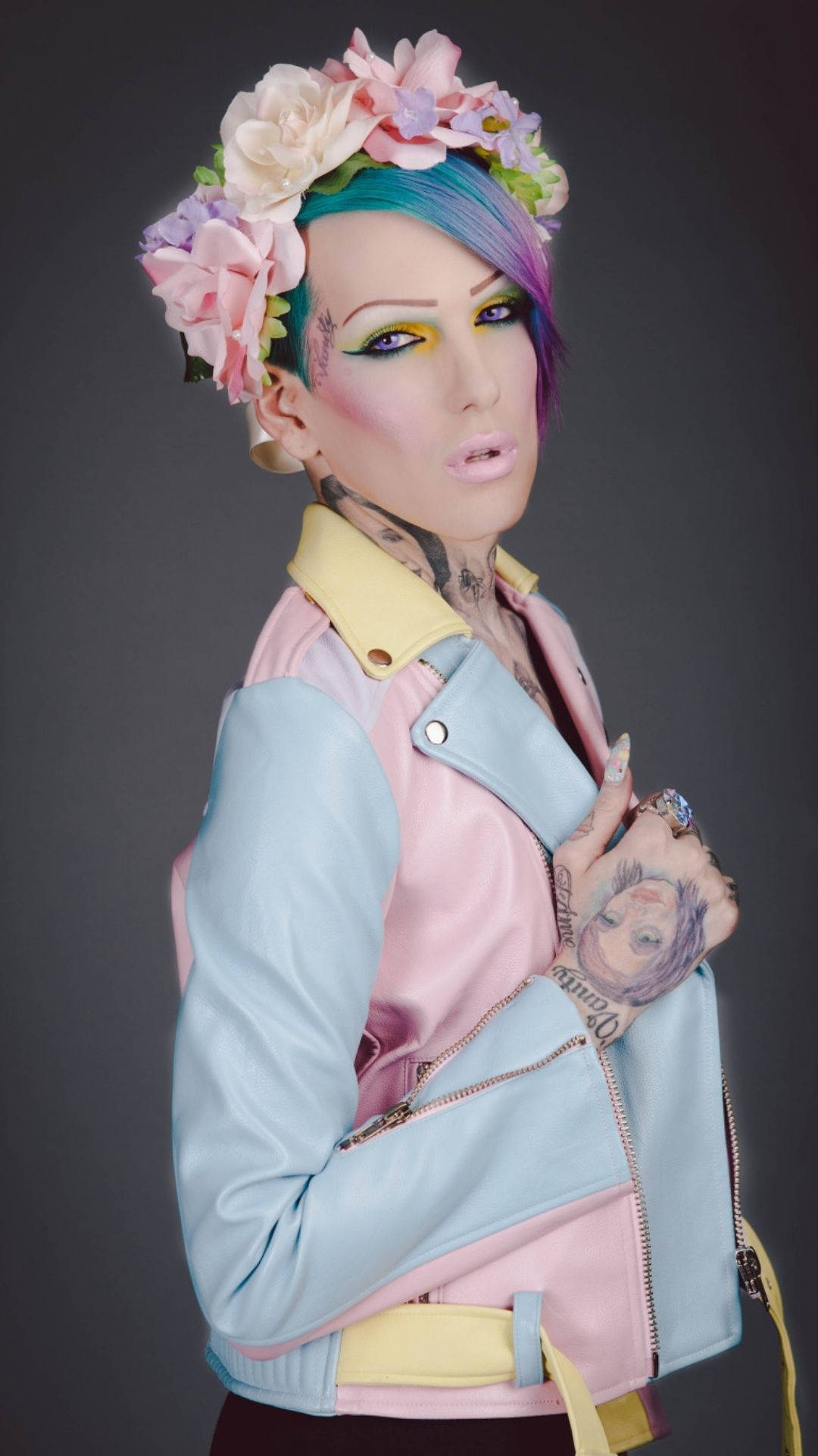 Jeffree Star, flower crown, vibrant blue and purple hair, Full HD Phone Wallpaper
