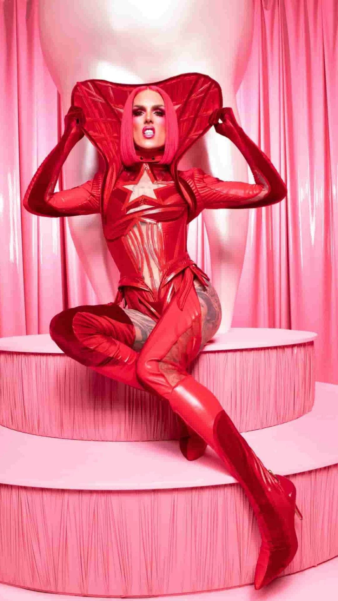 Jeffree Star, shiny red superhero costume, star emblem, Full HD Phone Wallpaper