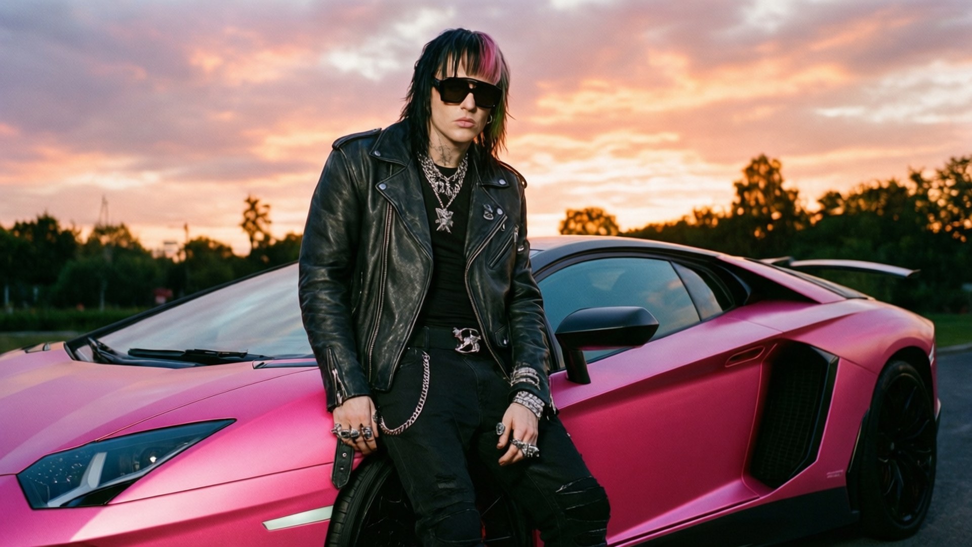 pink hair, sunglasses, vibrant pink Lamborghini, Full HD Desktop Wallpaper