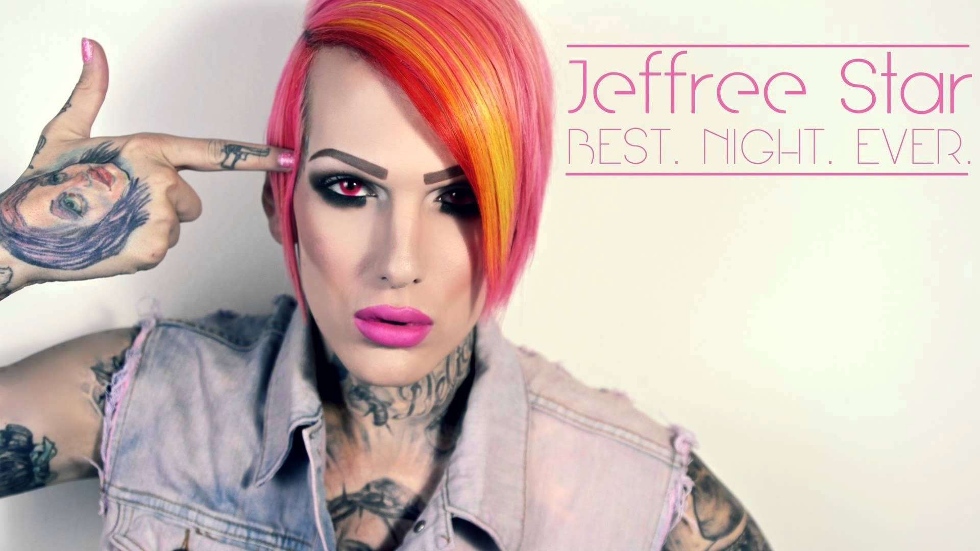 Jeffree Star, vibrant pink and orange hair, denim vest, Full HD Desktop Wallpaper