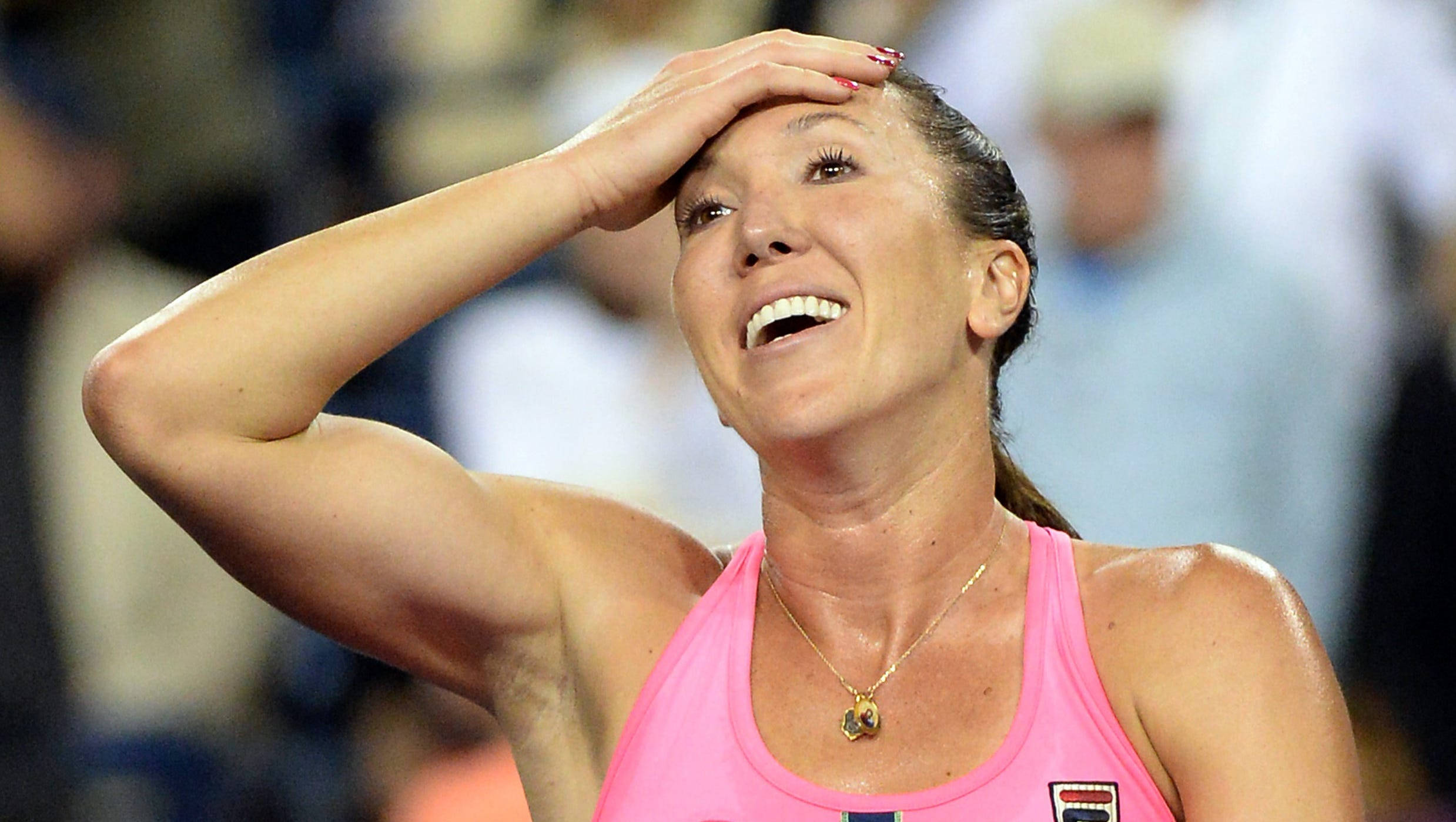 Jelena Jankovic, pink top, stadium lights, Full HD Desktop Wallpaper