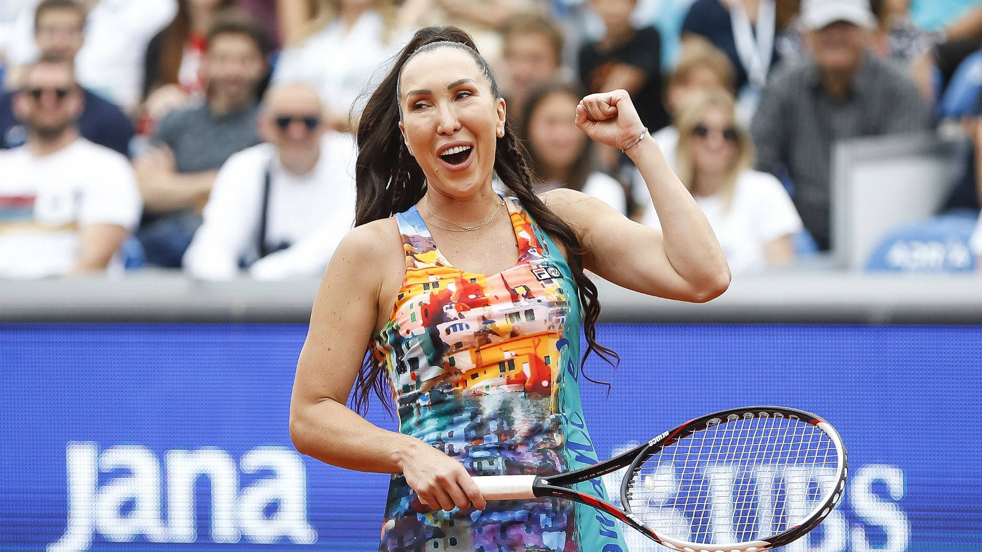 Jelena Jankovic, fist pump, sunlit court, Full HD Desktop Wallpaper