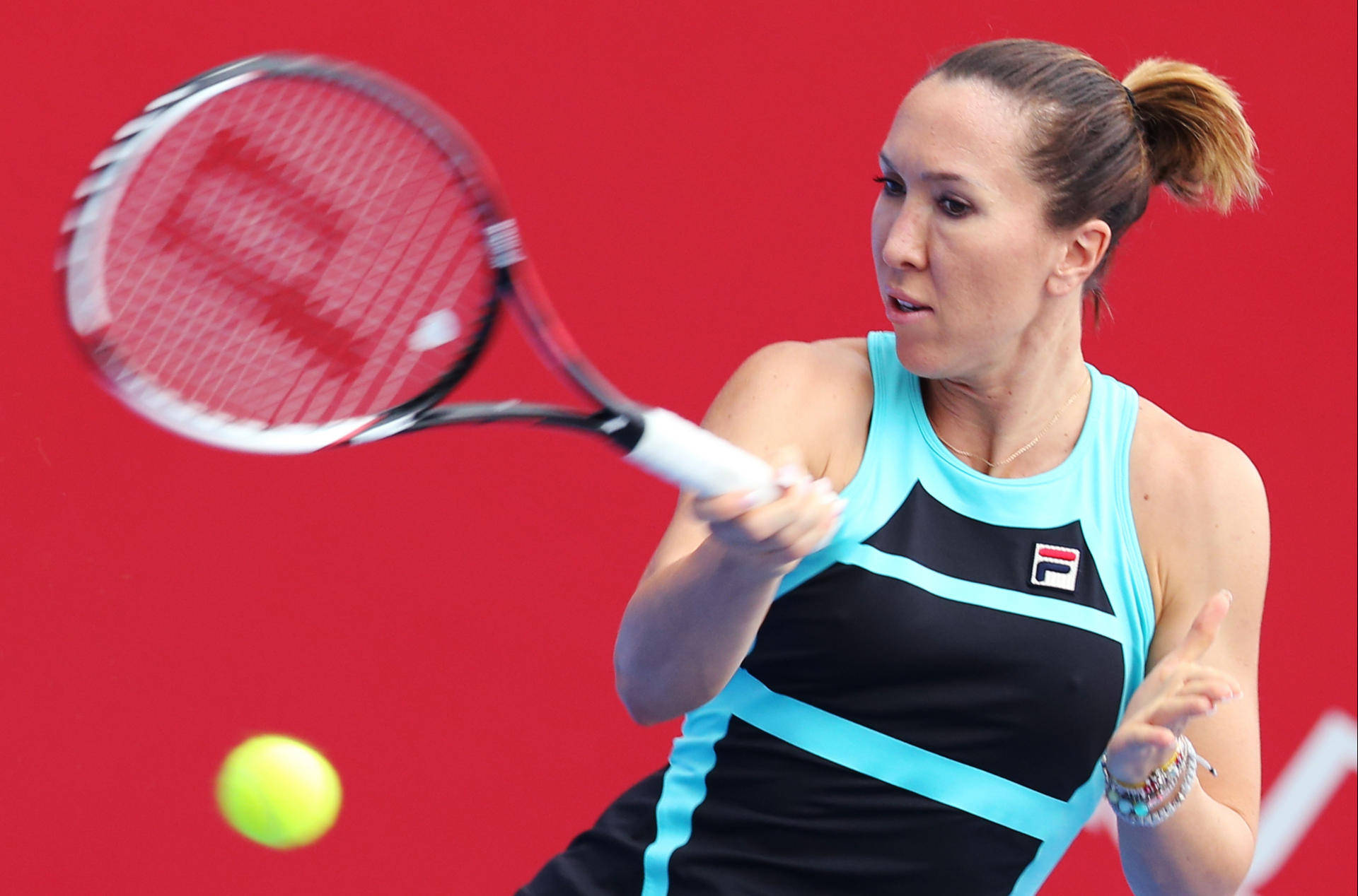 Jelena Jankovic, forehand stroke, blue and black outfit, Full HD Desktop Wallpaper