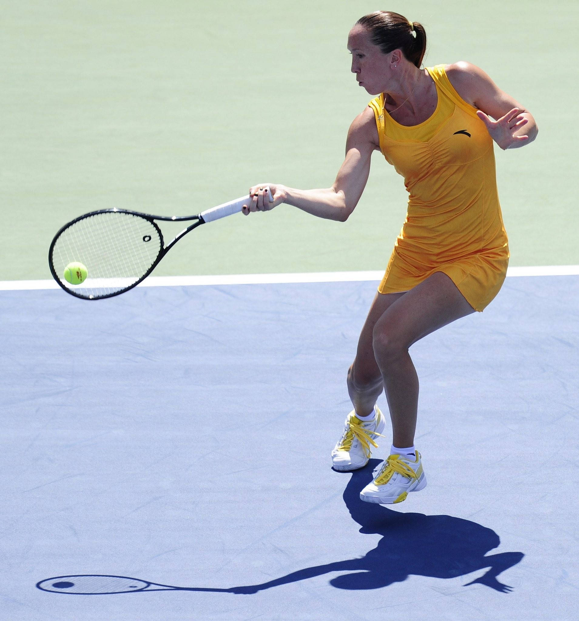 Jelena Jankovic, yellow dress, blue court, Full HD Phone Wallpaper