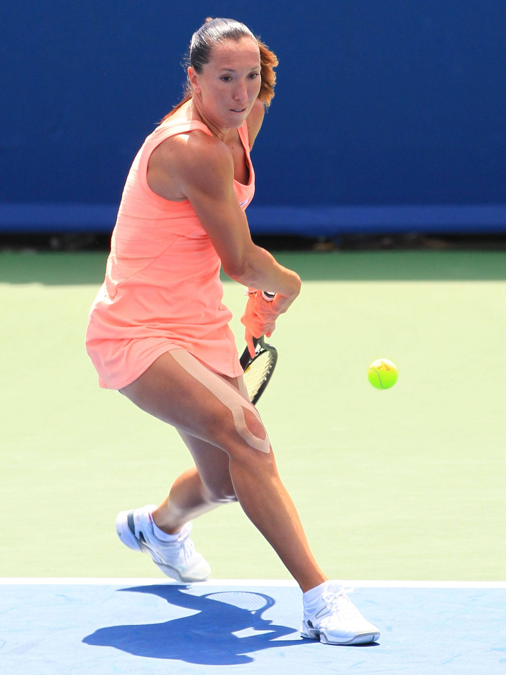 Jelena Jankovic, coral dress, bright yellow tennis ball, 2K Phone Wallpaper