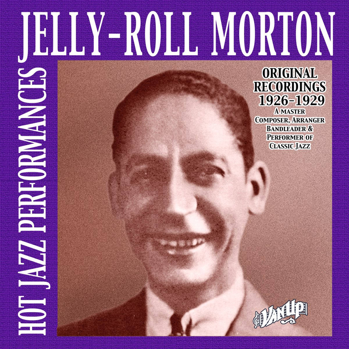 Jelly Roll Morton, sepia portrait, purple border, SD Desktop Wallpaper