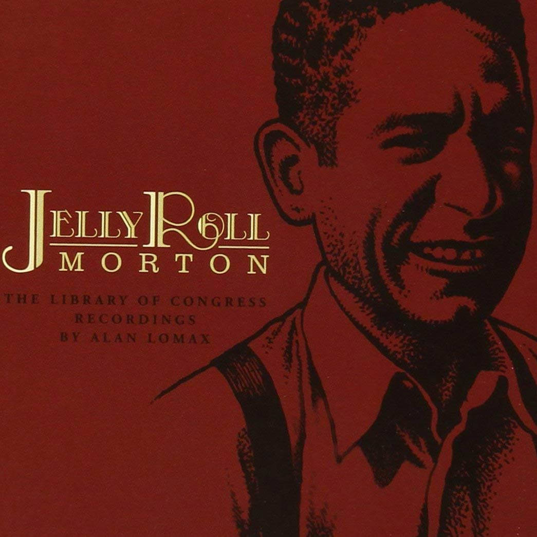 Jelly Roll Morton, black and white illustration, deep red background, SD Desktop Wallpaper