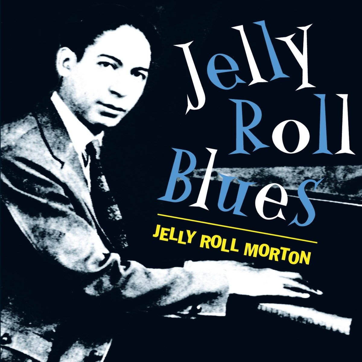Jelly Roll Morton, piano, bold blue and yellow typography, SD Desktop Wallpaper