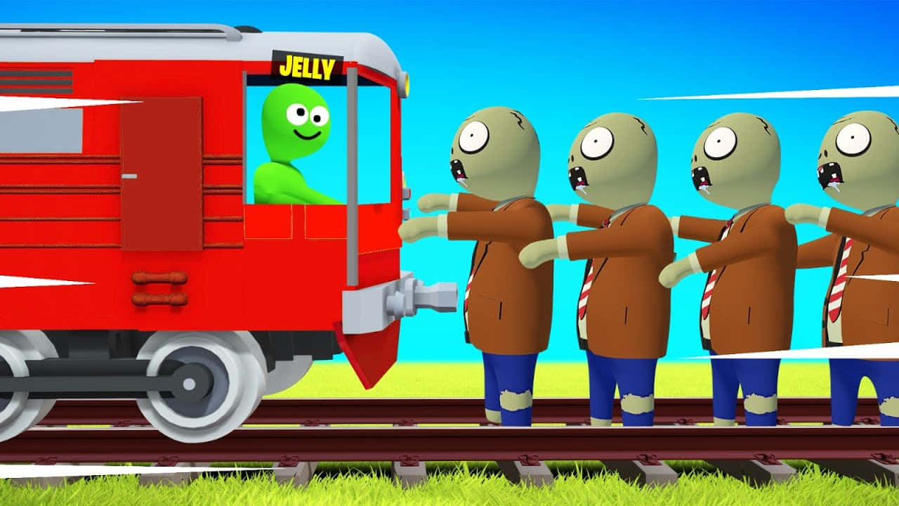 Jelly YouTube, green jelly-like character, red train, HD Desktop Wallpaper