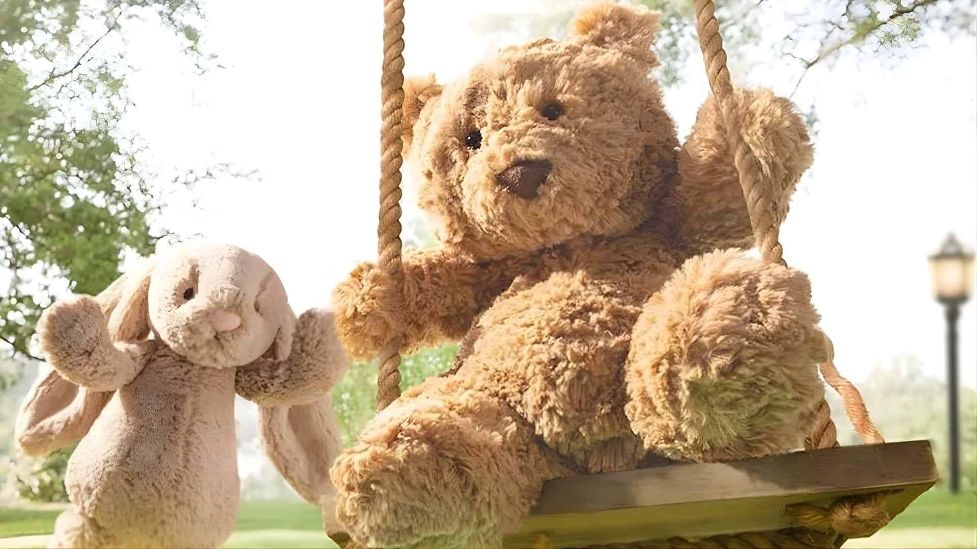 Jellycat, fluffy brown teddy bear, wooden swing, Full HD Desktop Wallpaper