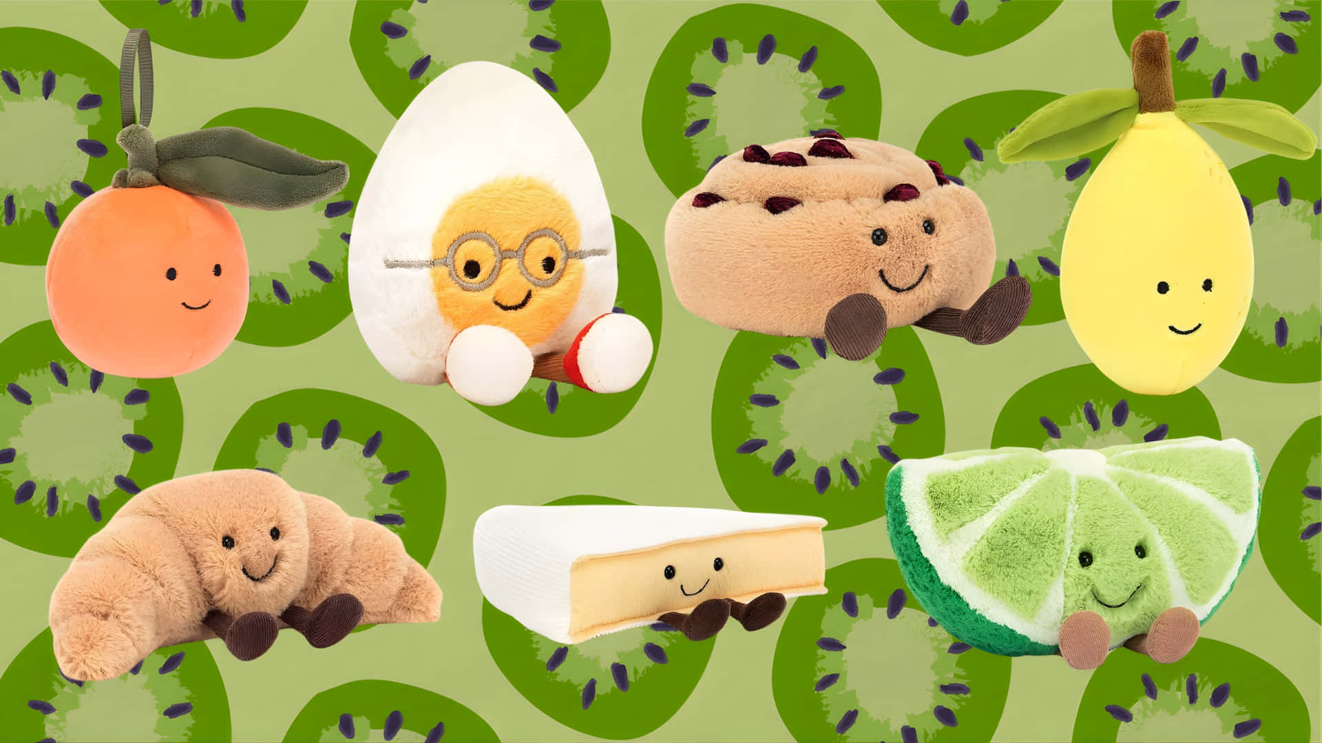 Jellycat, fruit plush collection, kiwi-patterned background, Full HD Desktop Wallpaper