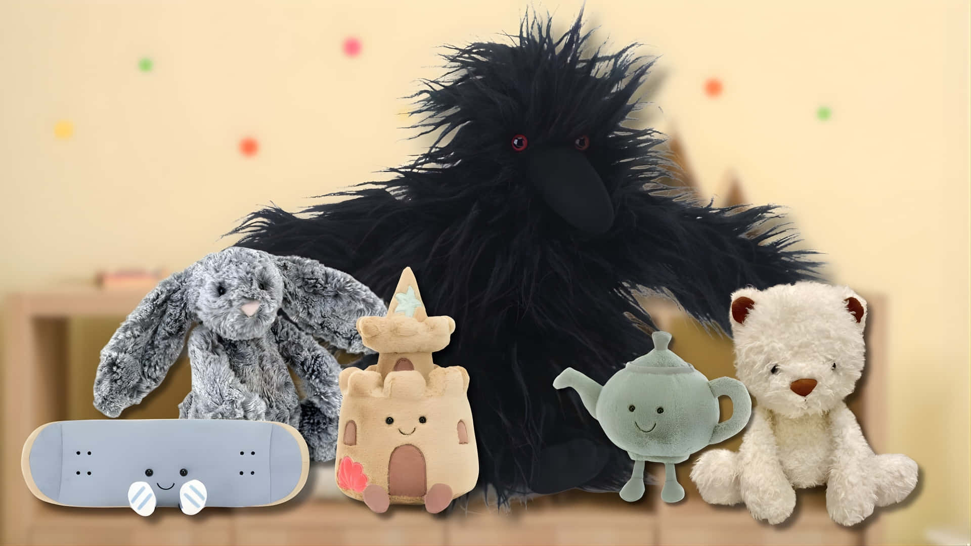 Jellycat, plush toys collection, black furry plush crow, Full HD Desktop Wallpaper