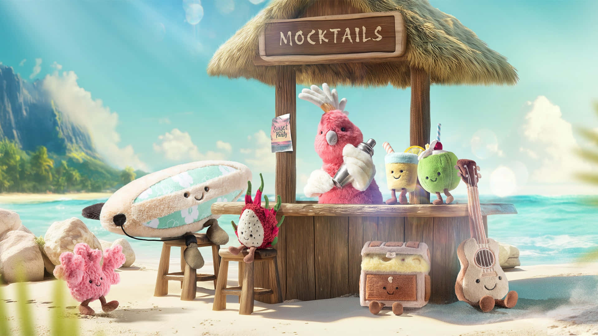Jellycat, plush mocktail party, thatched roof, Full HD Desktop Wallpaper