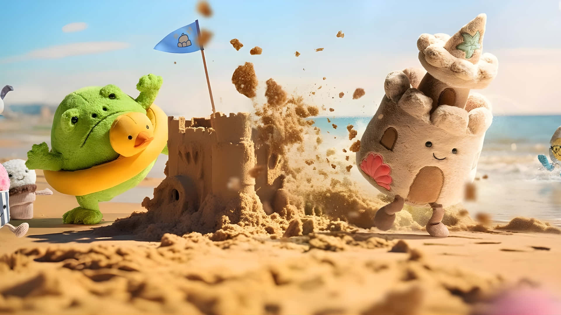 Jellycat, green frog, yellow life vest, Full HD Desktop Wallpaper