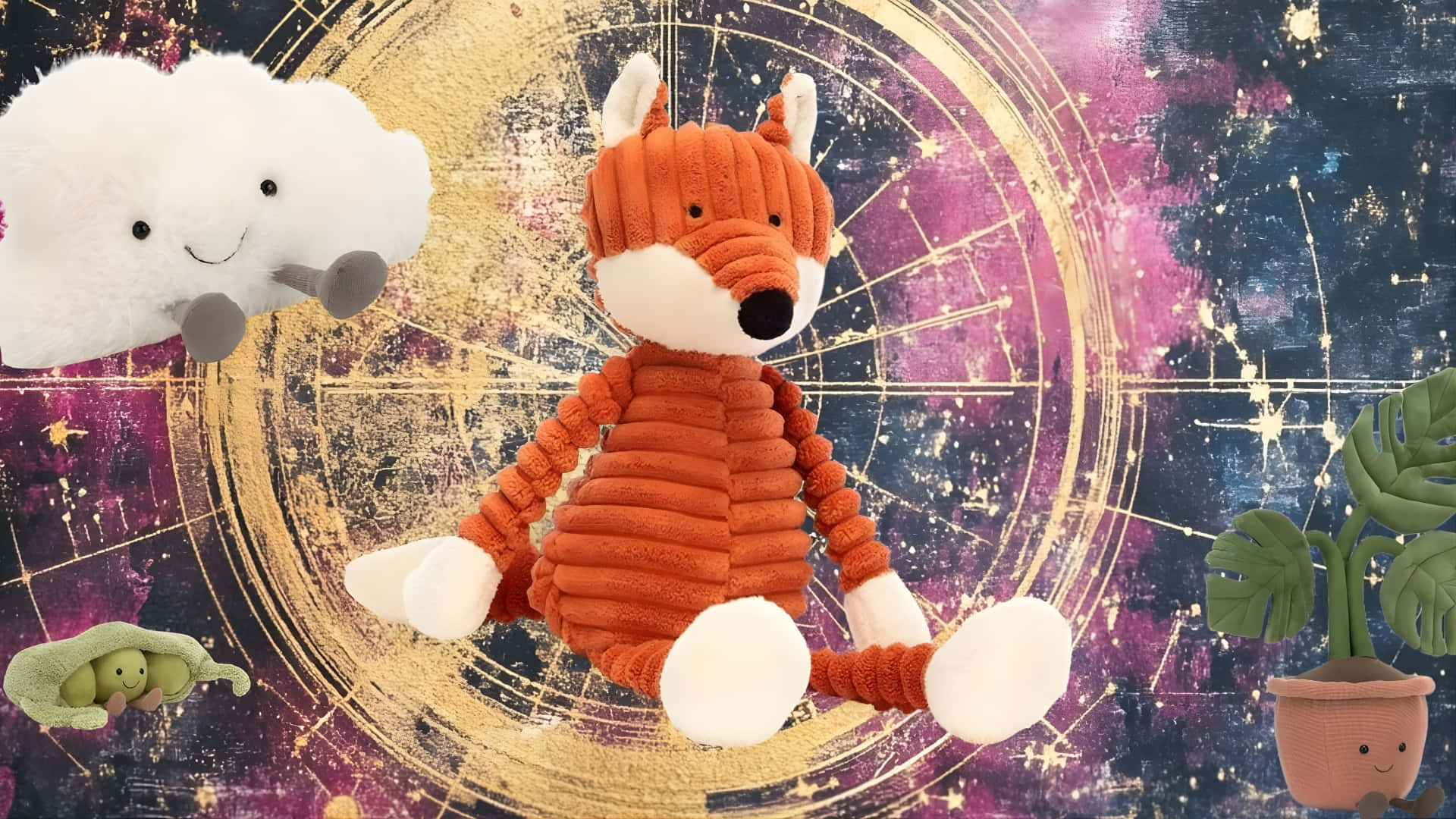 Jellycat, plush orange fox, cosmic background, Full HD Desktop Wallpaper