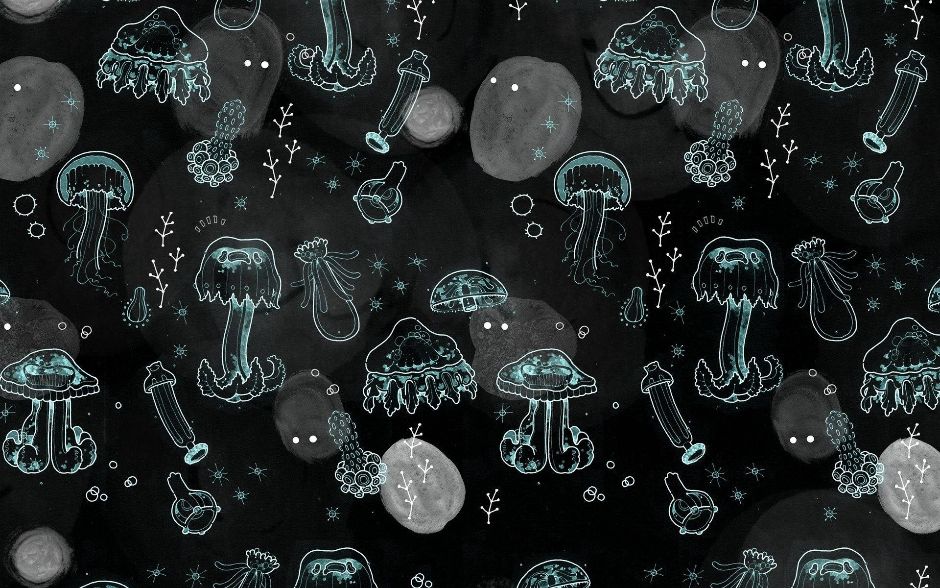neon gray jellyfish aesthetic, Ethereal Gray Jellyfish, glowing teal jellyfish, Full HD Desktop Wallpaper