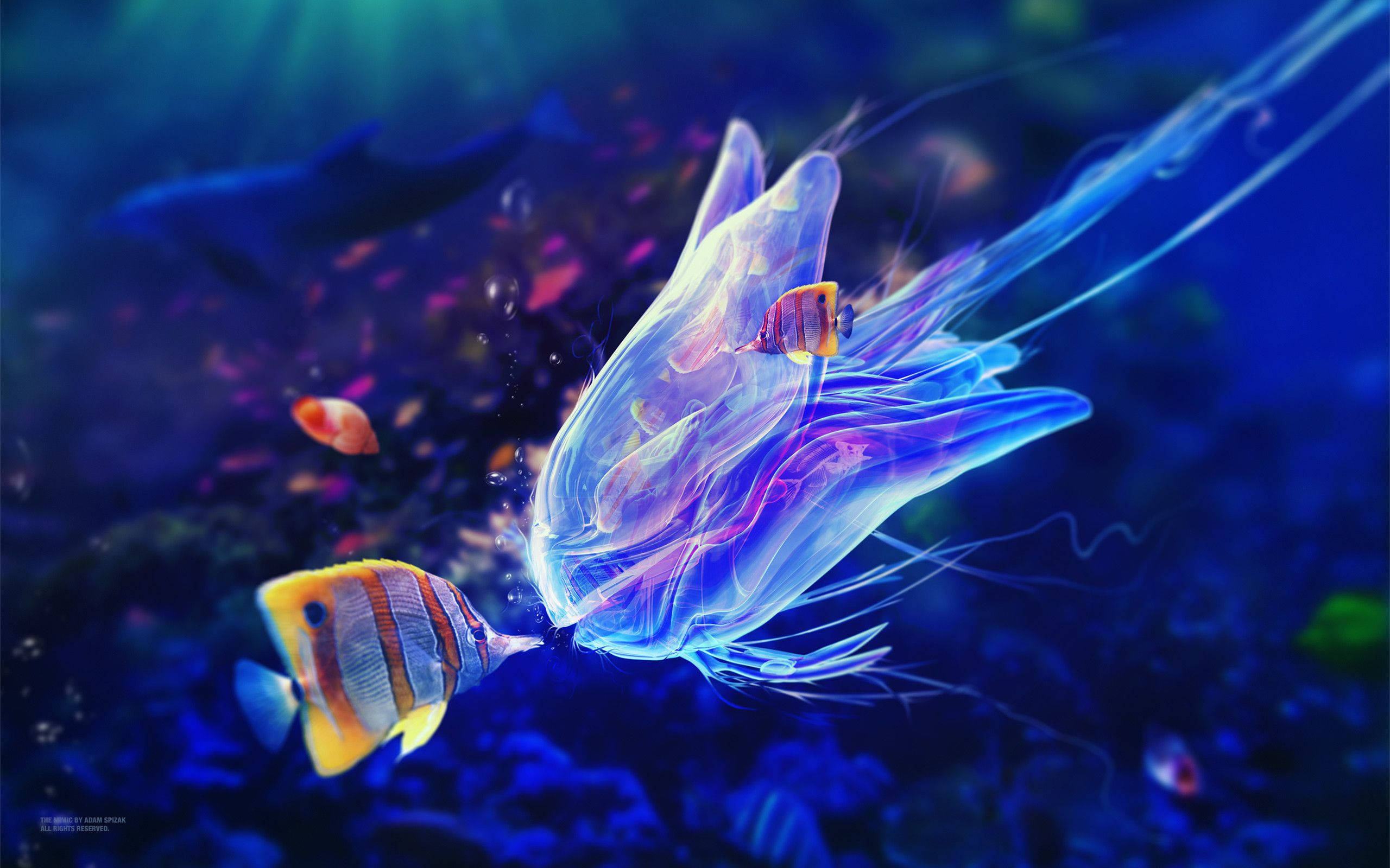 glowing blue jellyfish, small fish inside, deep ocean waters, 2K Desktop Wallpaper