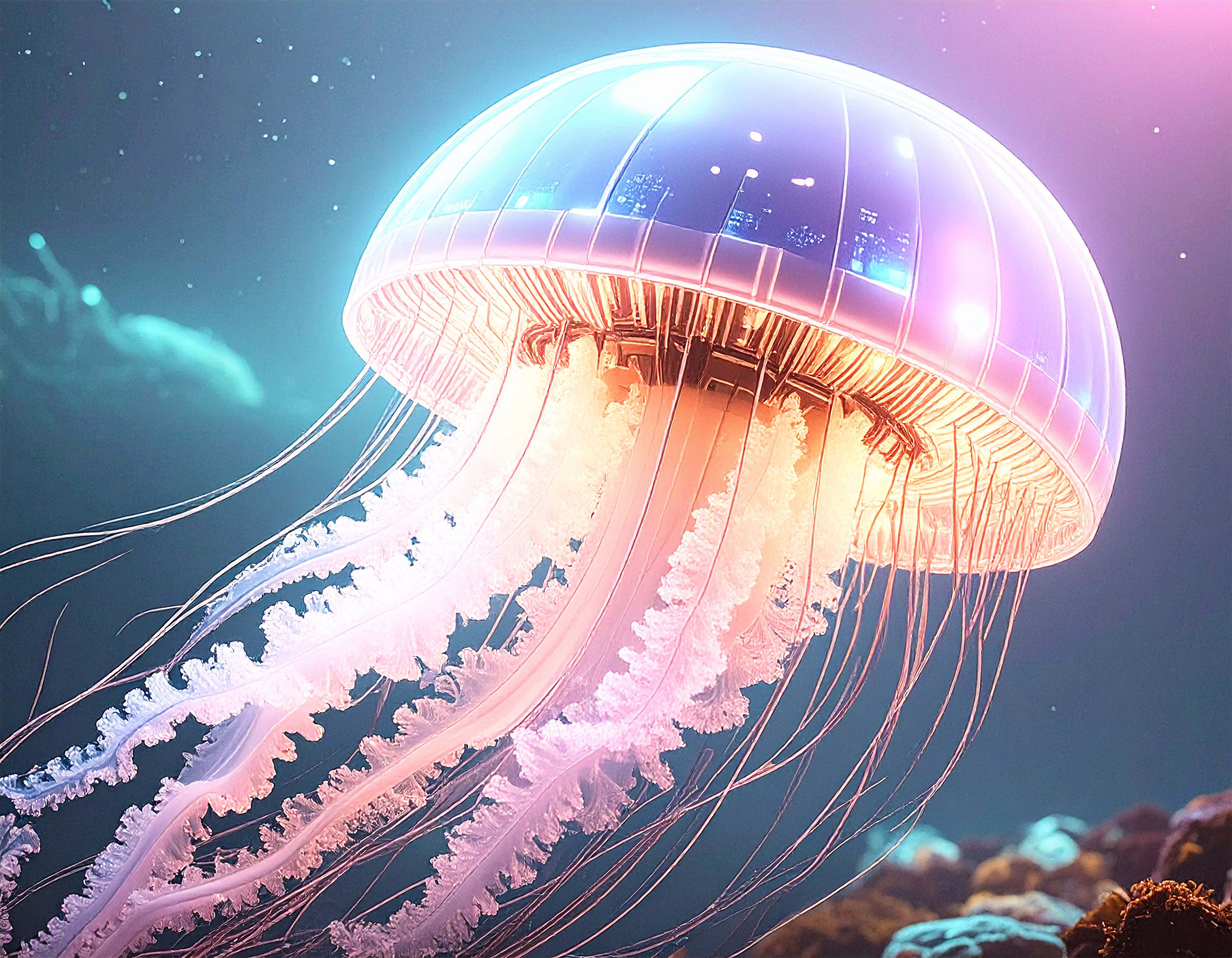 cyber jellyfish, glowing jellyfish, futuristic glass dome, 8K Desktop Wallpaper