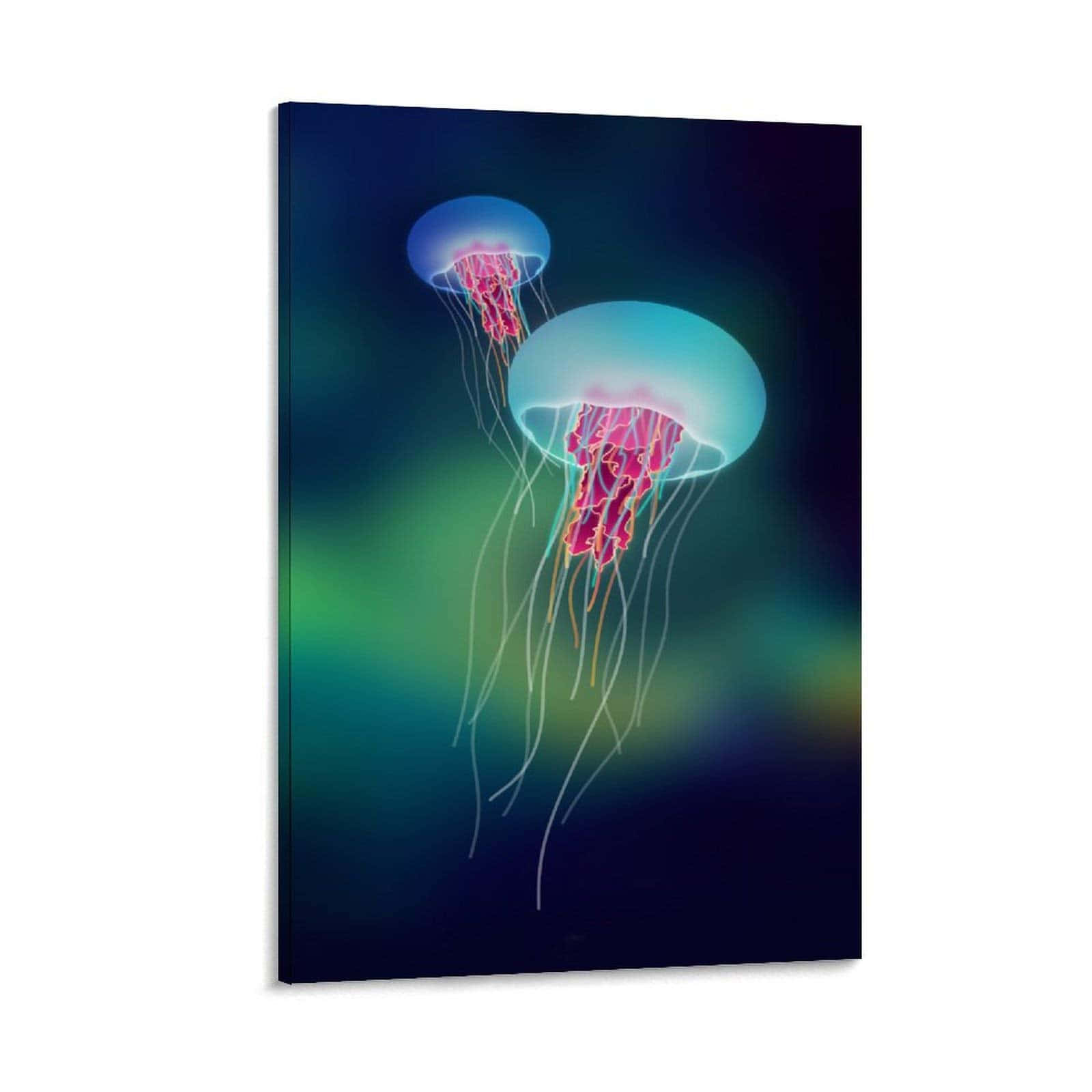 glowing jellyfish, pink tentacles, dark blue and green underwater scene, HD Desktop Wallpaper
