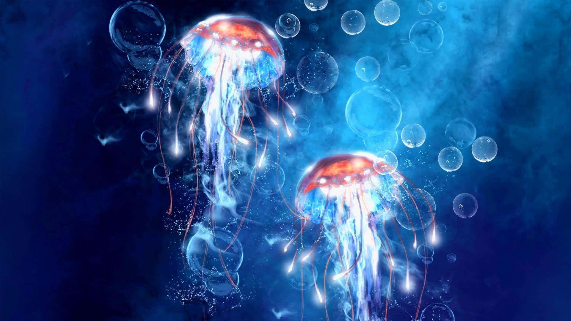 glowing jellyfish, orange tops, blue tendrils, Full HD Desktop Wallpaper