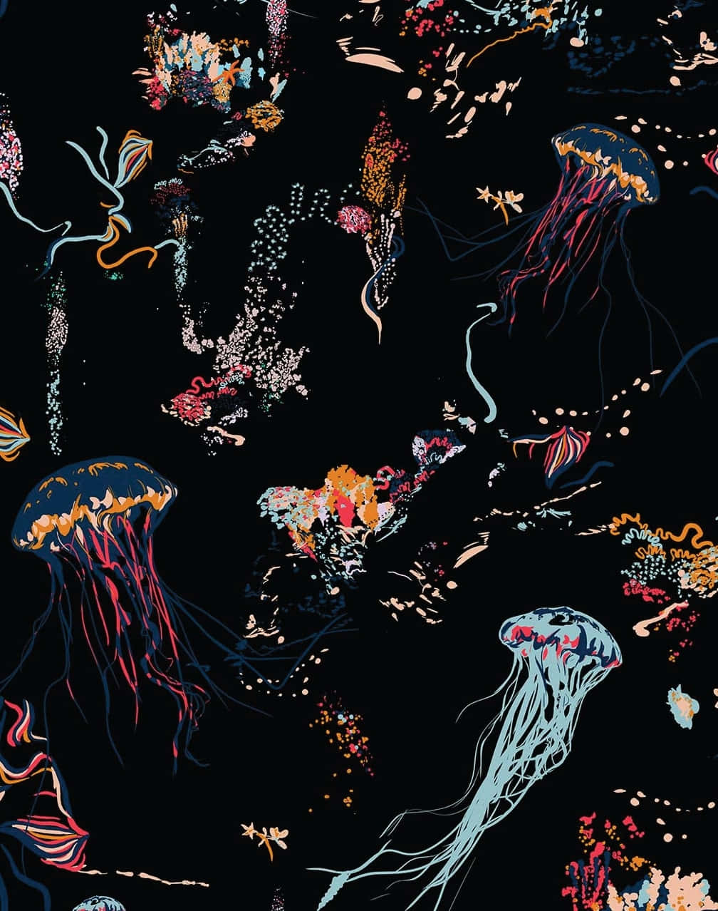 vibrant neon jellyfish, coral, deep black background, SD Phone Wallpaper