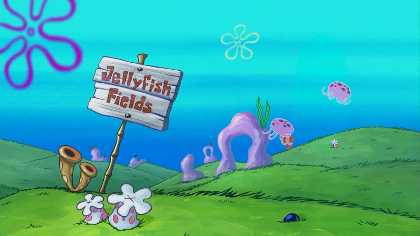 Jellyfish Fields, wooden sign, green hills, HD Desktop Wallpaper