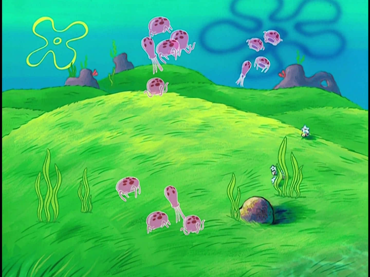Jellyfish Fields, pink jellyfish, green hills, HD Desktop Wallpaper