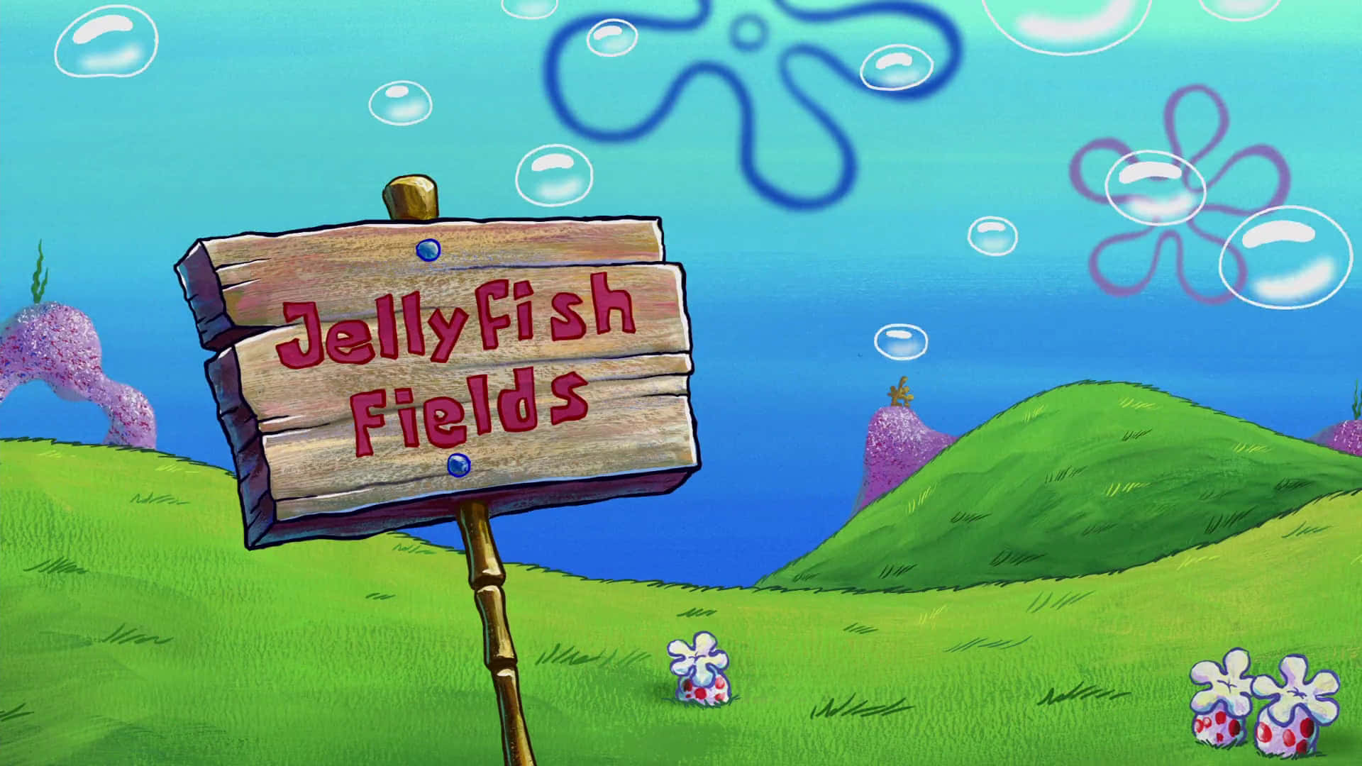 Jellyfish Fields, underwater meadow, cartoon wooden sign, Full HD Desktop Wallpaper