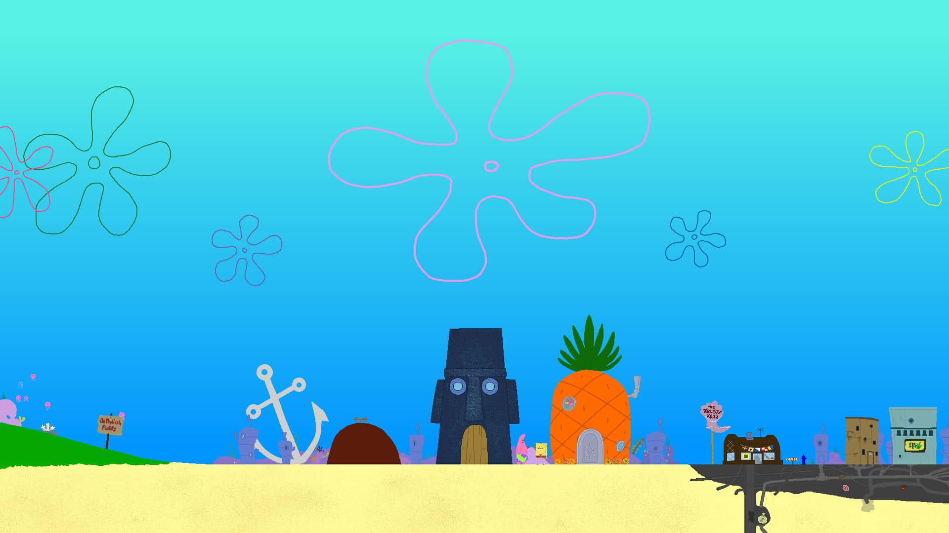 Jellyfish Fields, underwater cartoon town, pineapple house, Full HD Desktop Wallpaper