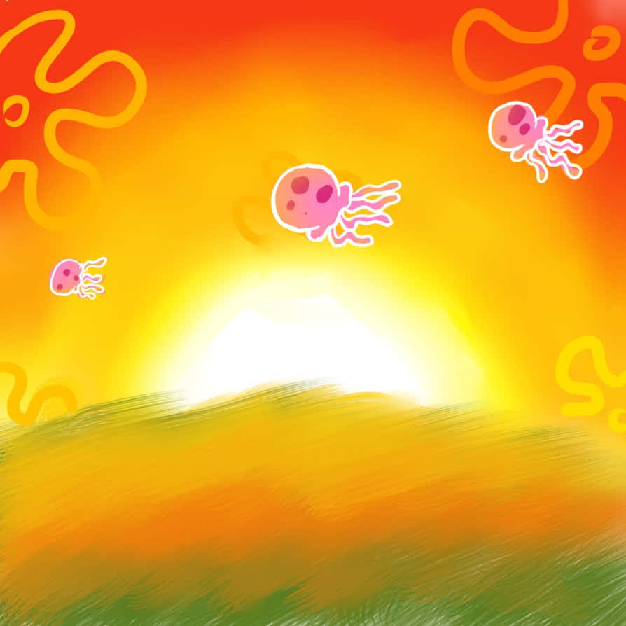 Jellyfish Fields, Sunset, pink jellyfish, SD Desktop Wallpaper