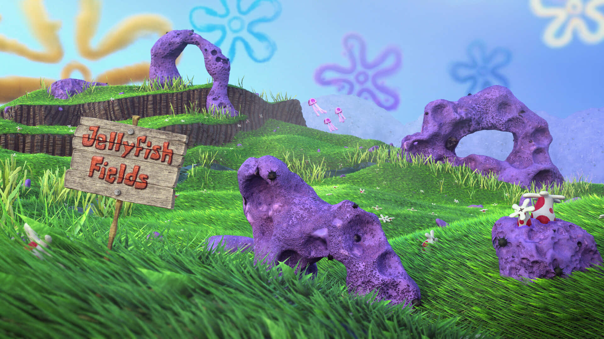 Jellyfish Fields, vibrant green grassy hills, purple jellyfish-shaped rock formations, Full HD Desktop Wallpaper