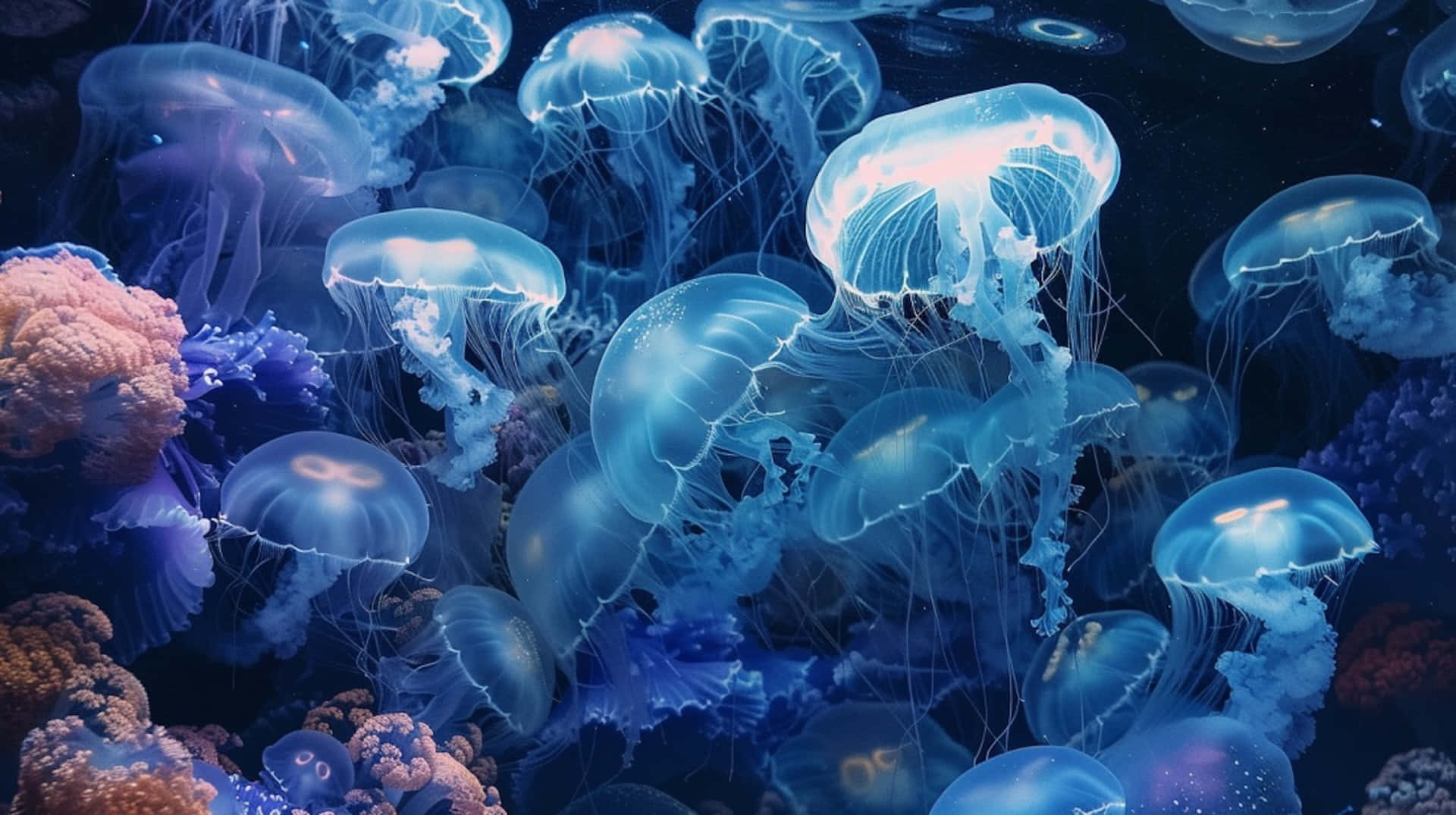 moon jellyfish, glowing blue, colorful coral, Full HD Desktop Wallpaper
