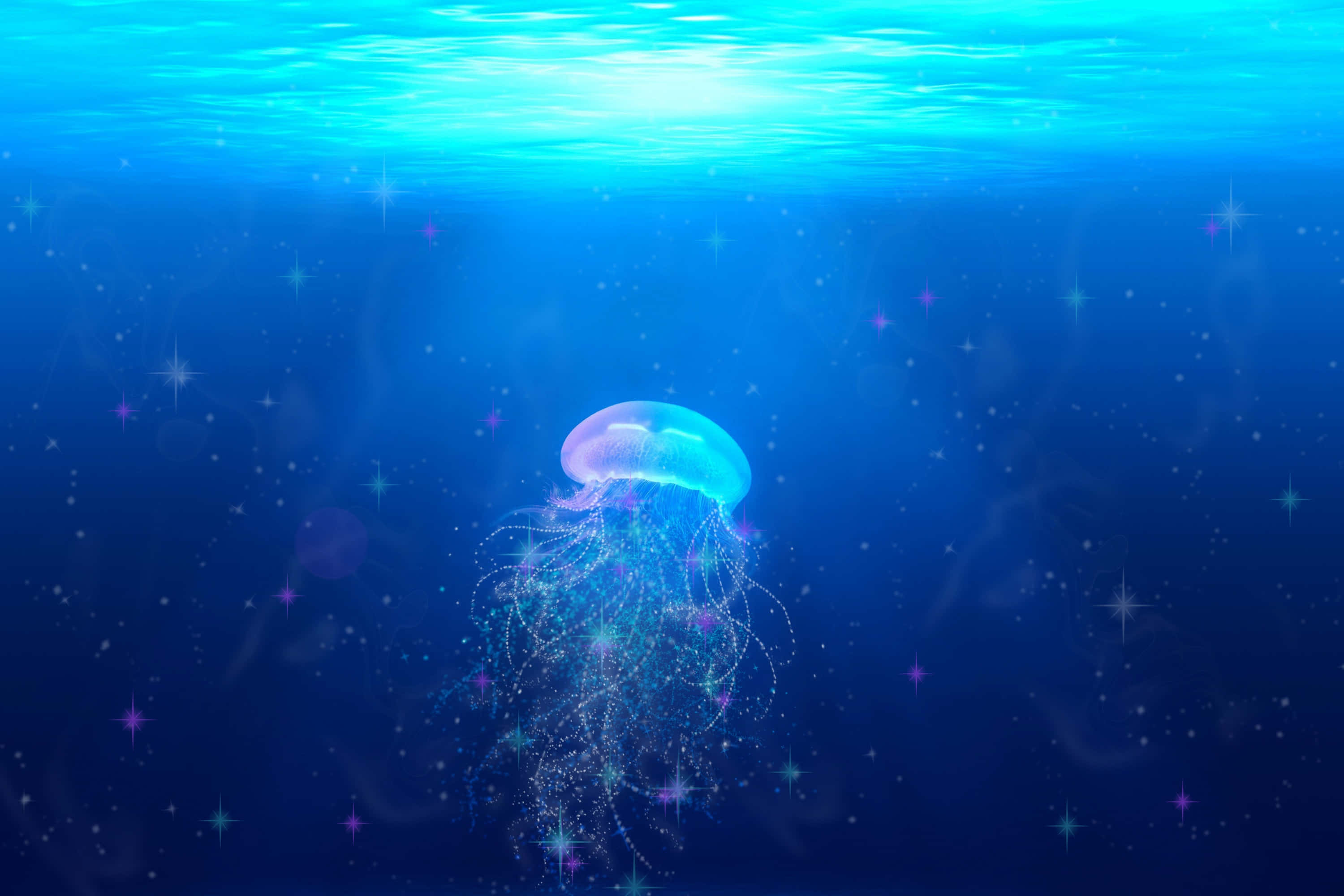 luminous jellyfish, deep blue ocean water, sparkling star-like particles, 2K Desktop Wallpaper