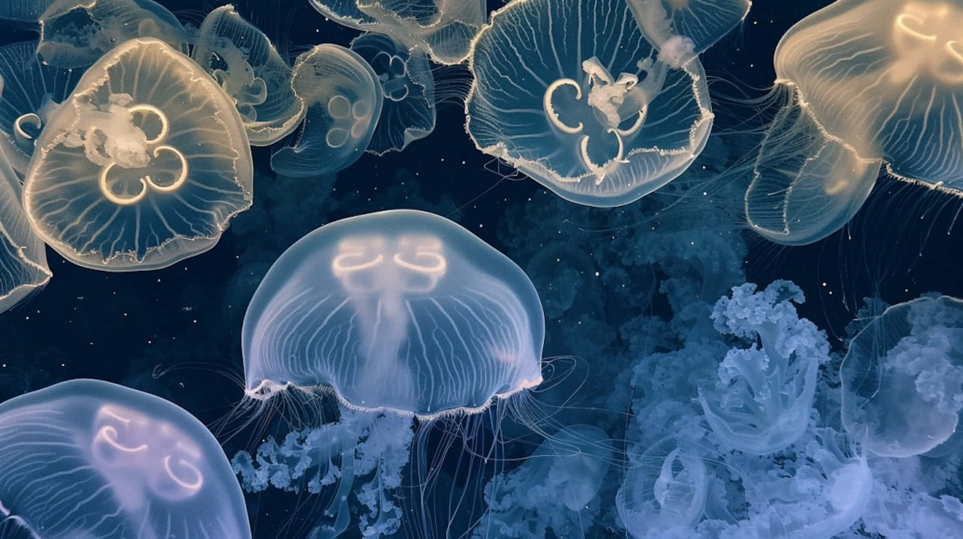 moon jellyfish, swarm, underwater, Full HD Desktop Wallpaper