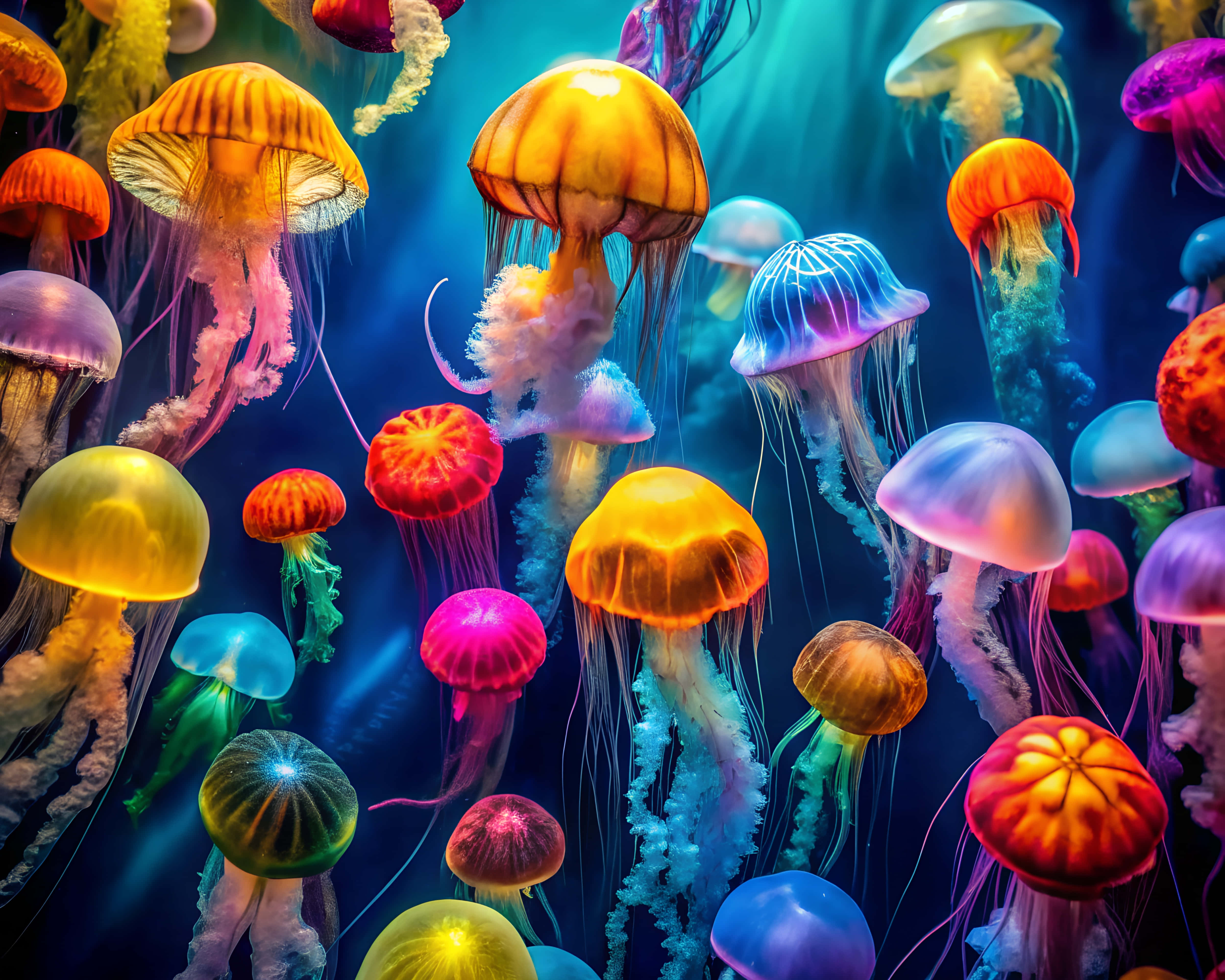 Jellyfish Fields, neon jellyfish, deep ocean trench, 4K Desktop Wallpaper