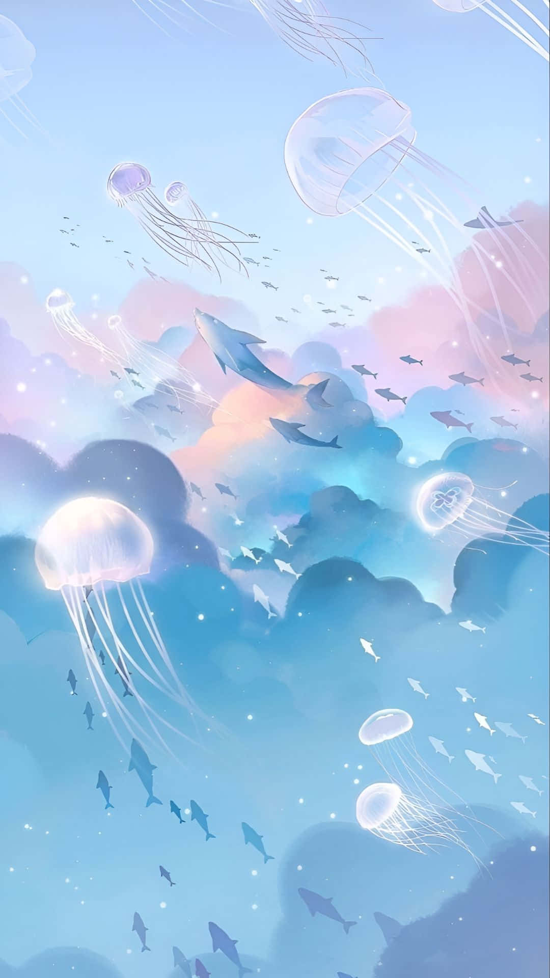 cute ocean jellyfish scene, glowing jellyfish, schools of fish, Full HD Phone Wallpaper