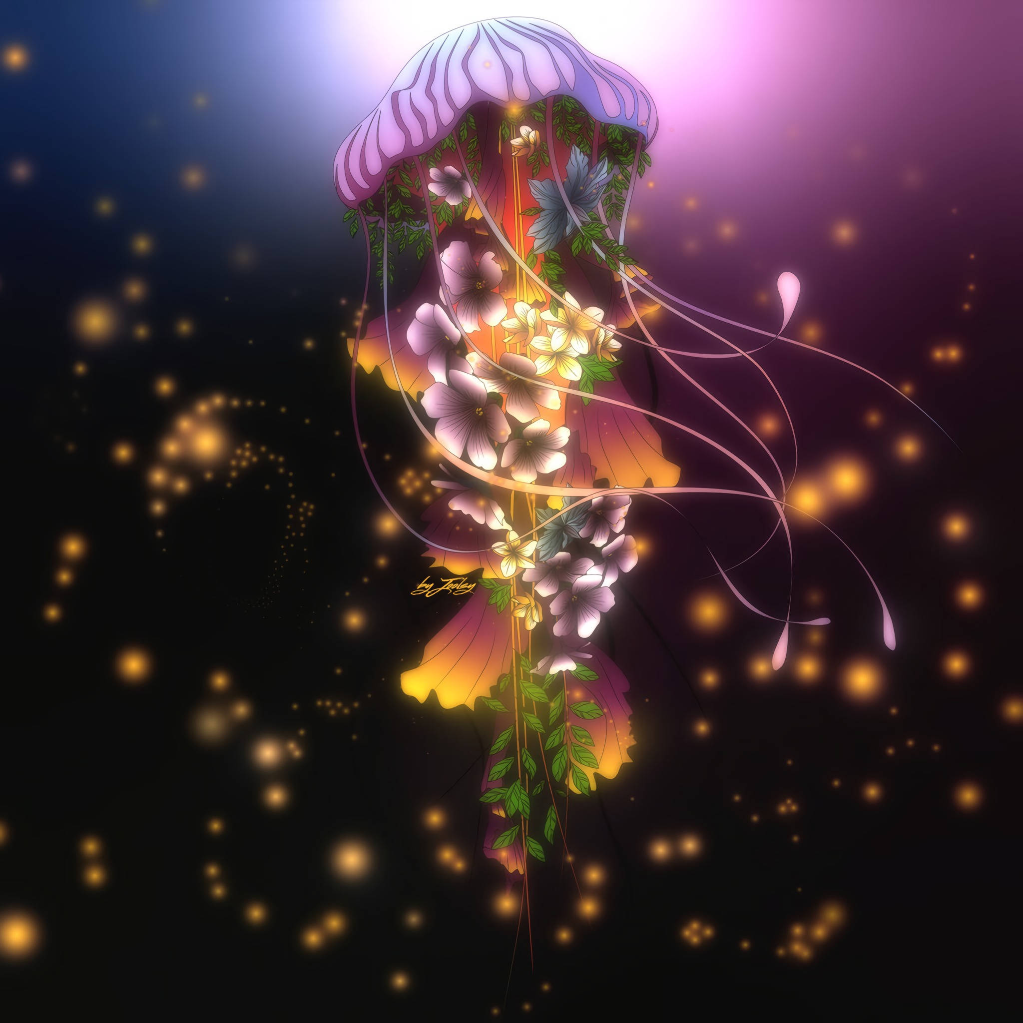 glowing jellyfish, flowers, vines, Full HD Desktop Wallpaper