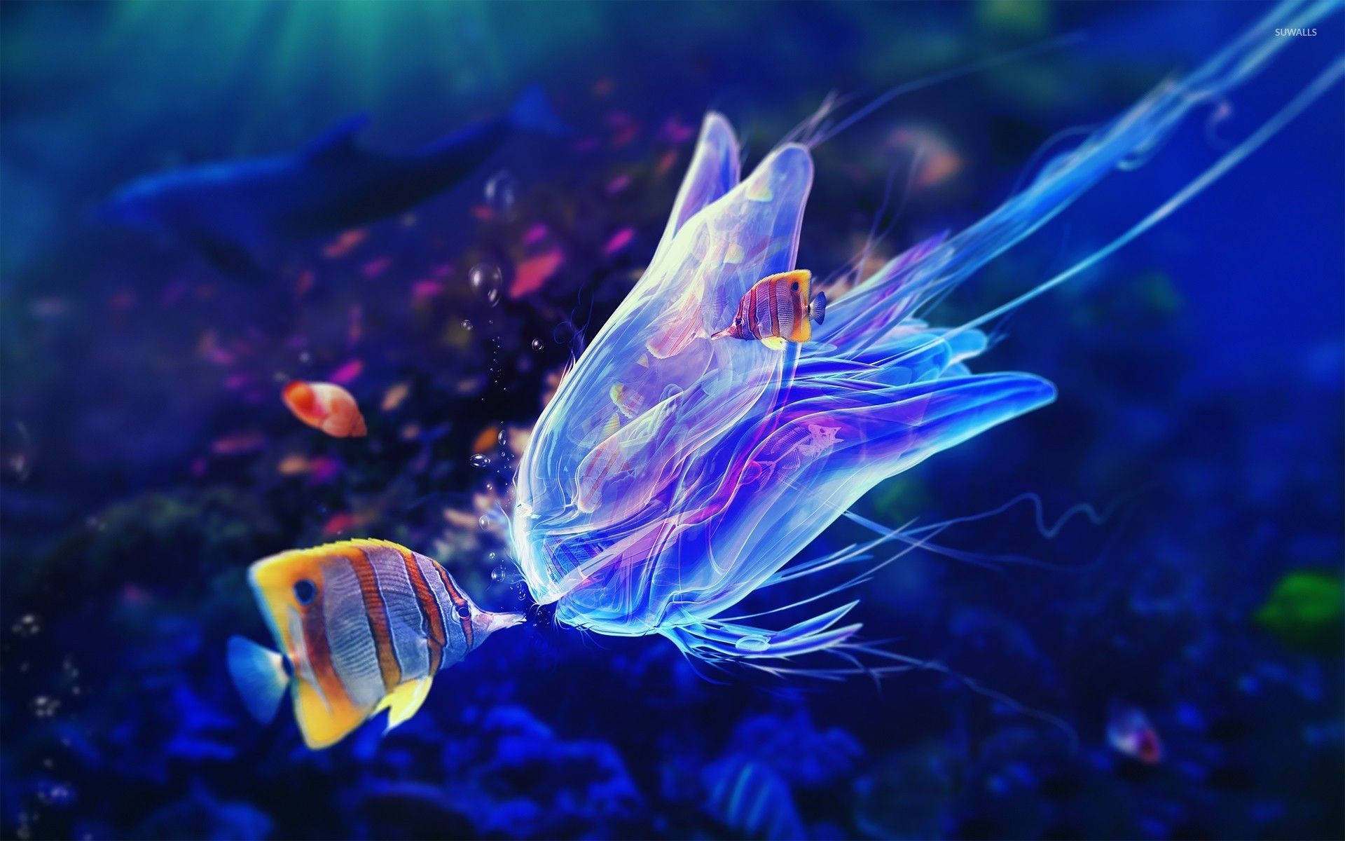 butterflyfish, glowing translucent jellyfish, deep blue underwater scene, Full HD Desktop Wallpaper