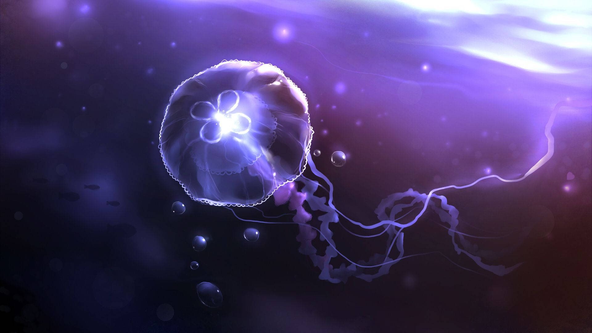glowing violet jellyfish, flower-like center, dreamy purple underwater scene, Full HD Desktop Wallpaper