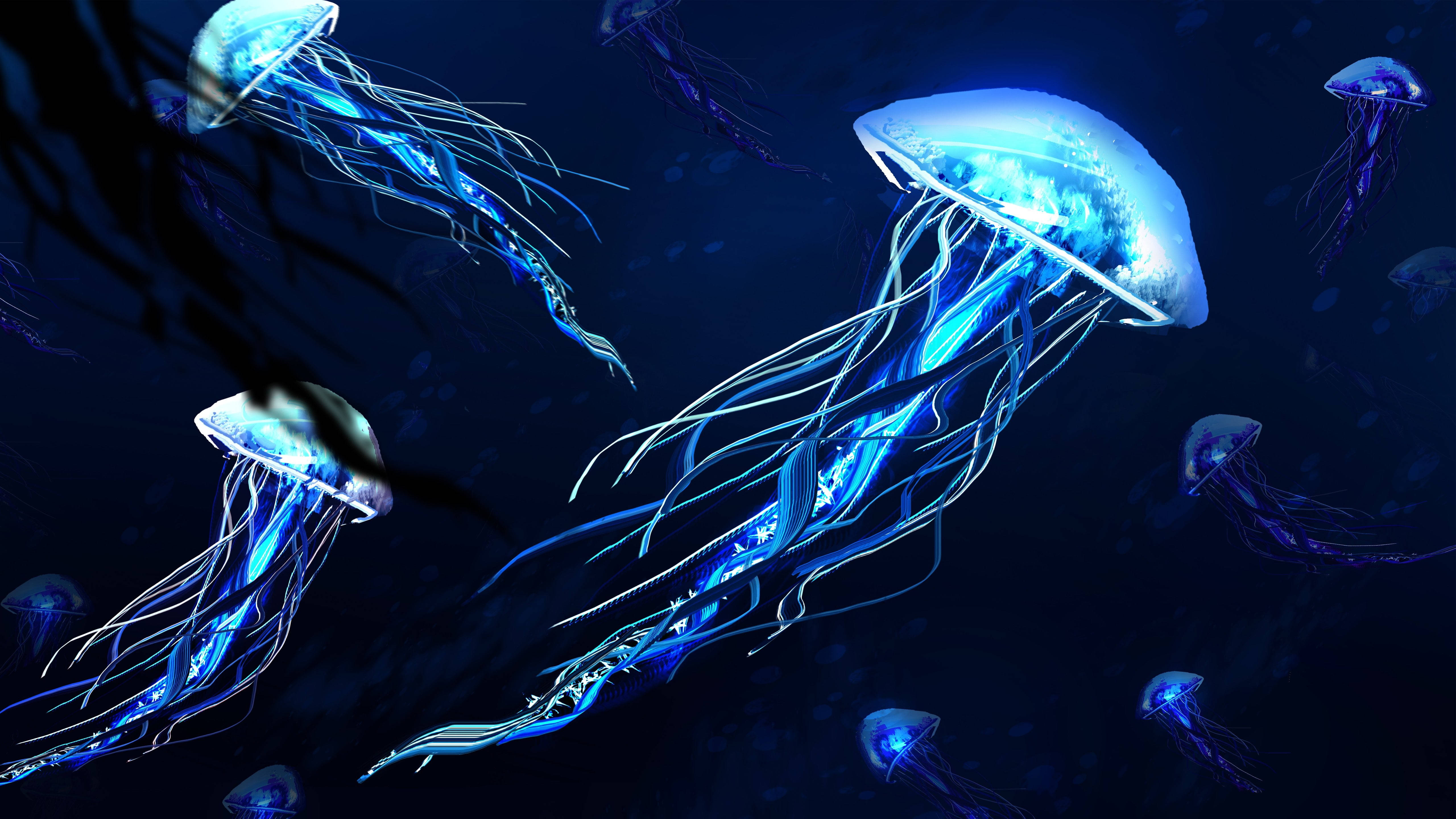 4K UHD, neon jellyfishes, glowing blue, 5K Desktop Wallpaper