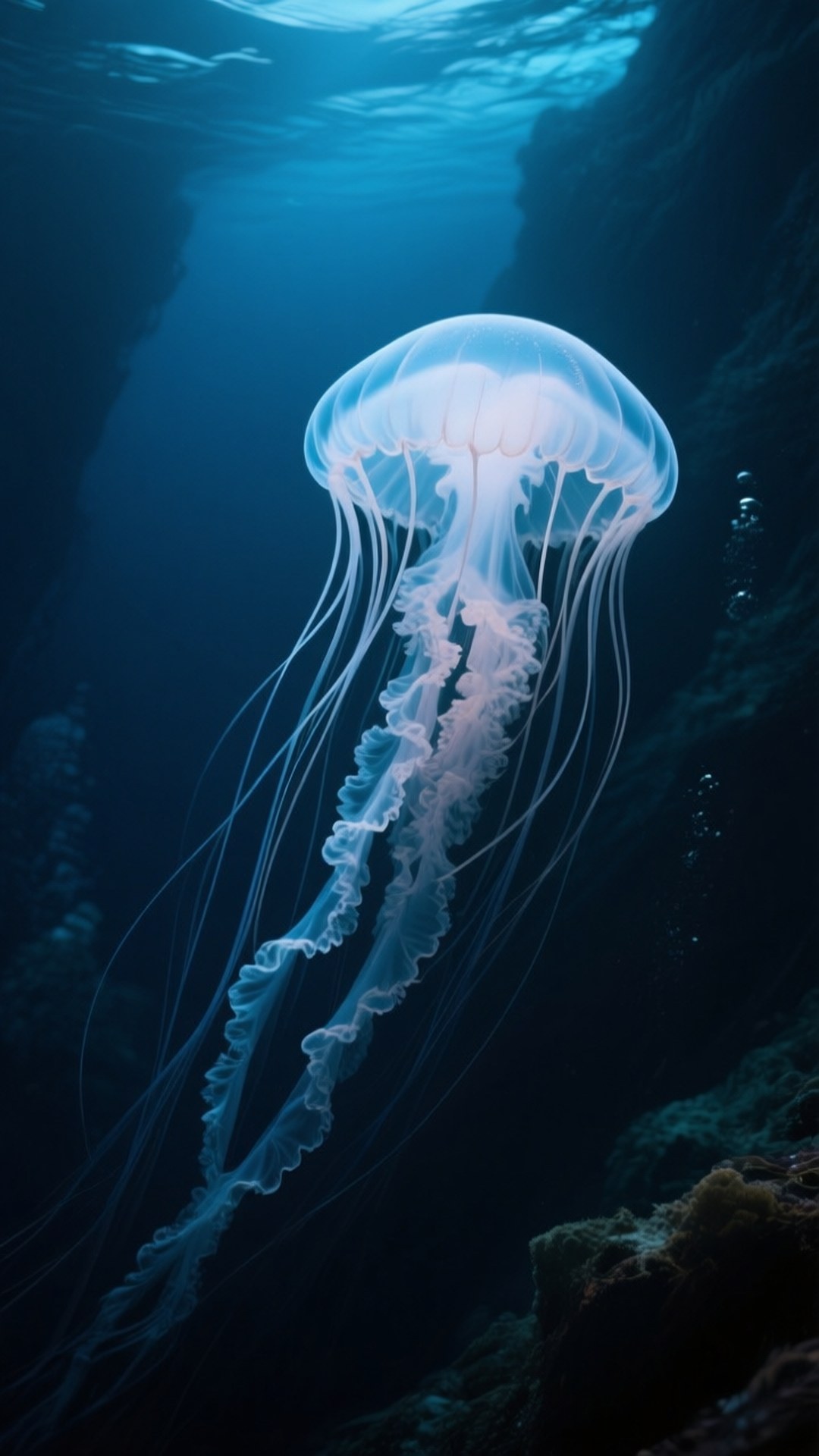 abyssal jellyfish, luminous translucent, deep blue ocean water, Full HD Phone Wallpaper