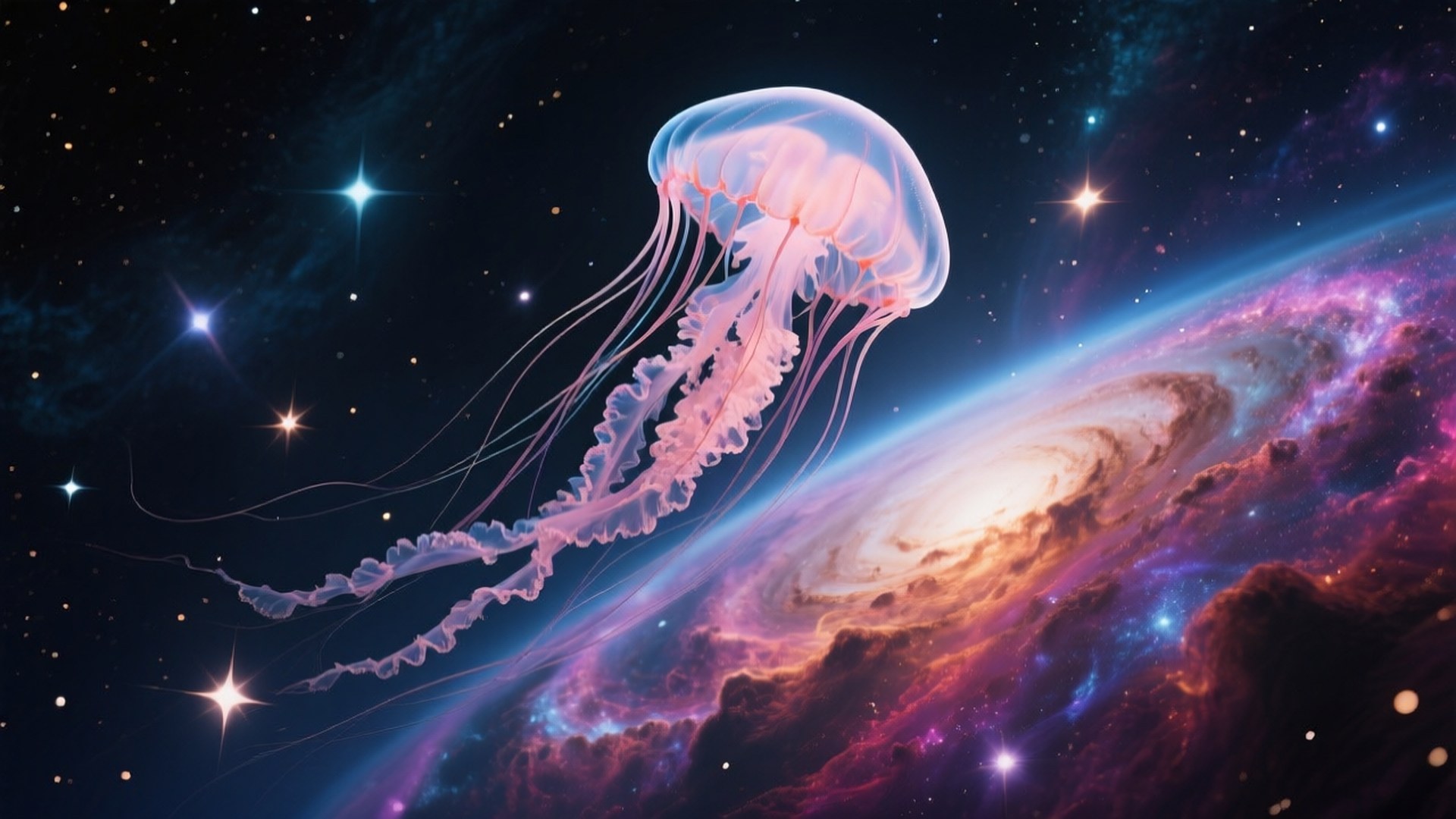 cosmic jellyfish, glowing pink jellyfish, starry cosmos, Full HD Desktop Wallpaper