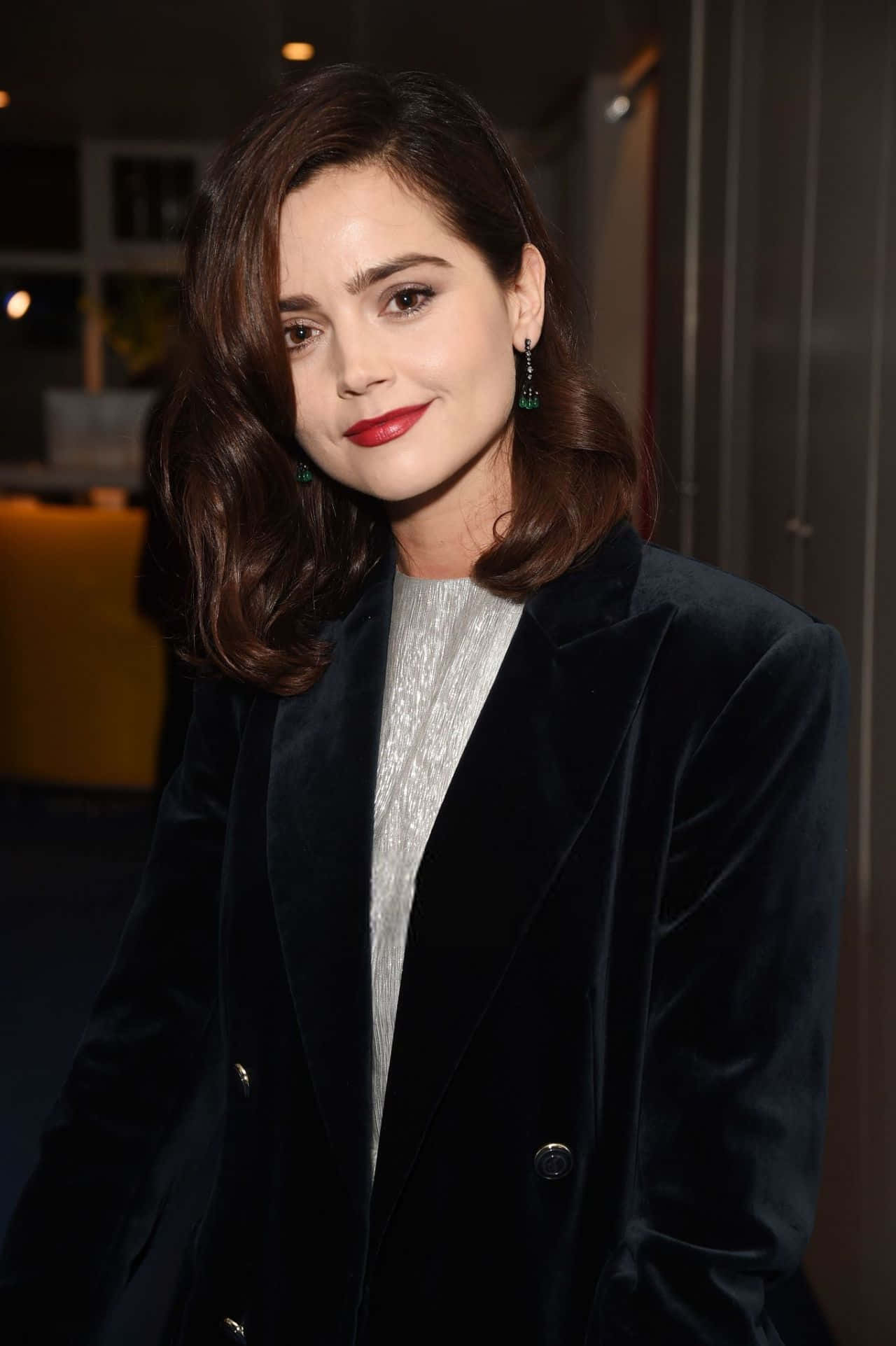 Jenna Coleman, wavy brown hair, red lipstick, Full HD Phone Wallpaper
