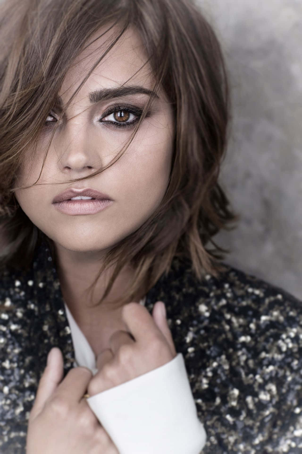 Jenna Coleman, sequined jacket, textured gray wall, Full HD Phone Wallpaper