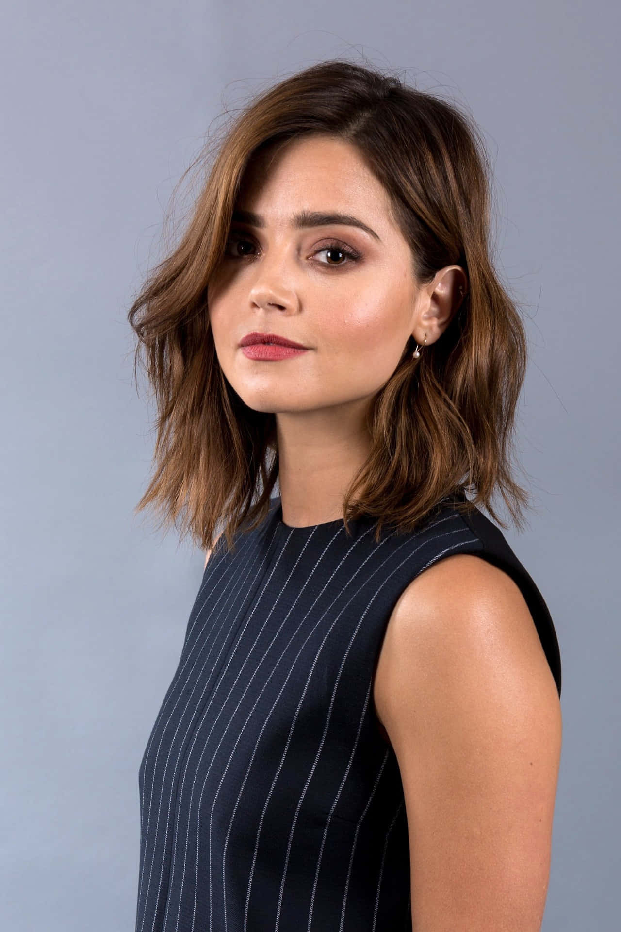 Jenna Coleman, wavy brown hair, red lipstick, Full HD Phone Wallpaper