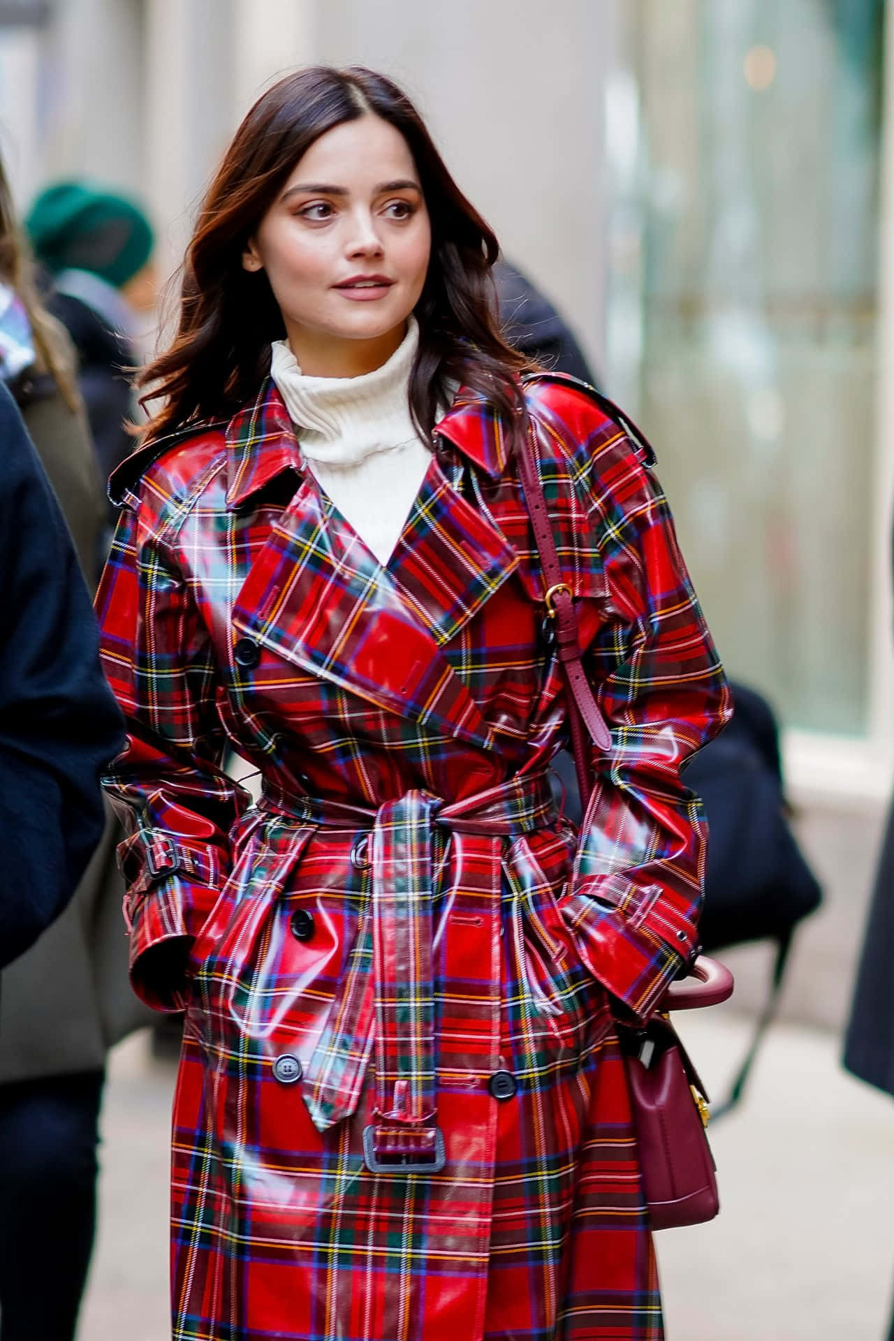 Jenna Coleman, glossy red plaid trench coat, maroon handbag, Full HD Phone Wallpaper