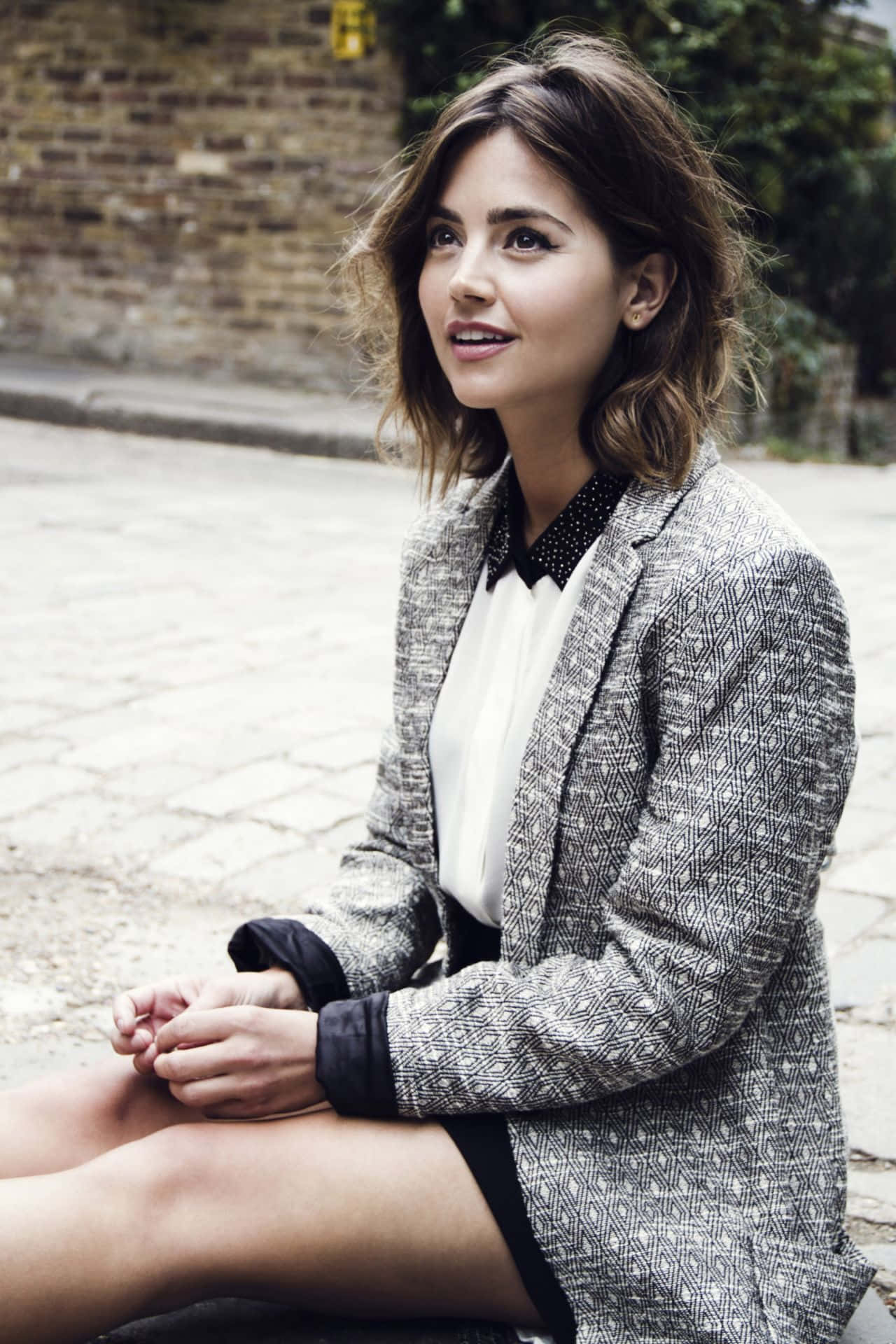 Jenna Coleman, wavy brown hair, cobblestone street, Full HD Phone Wallpaper