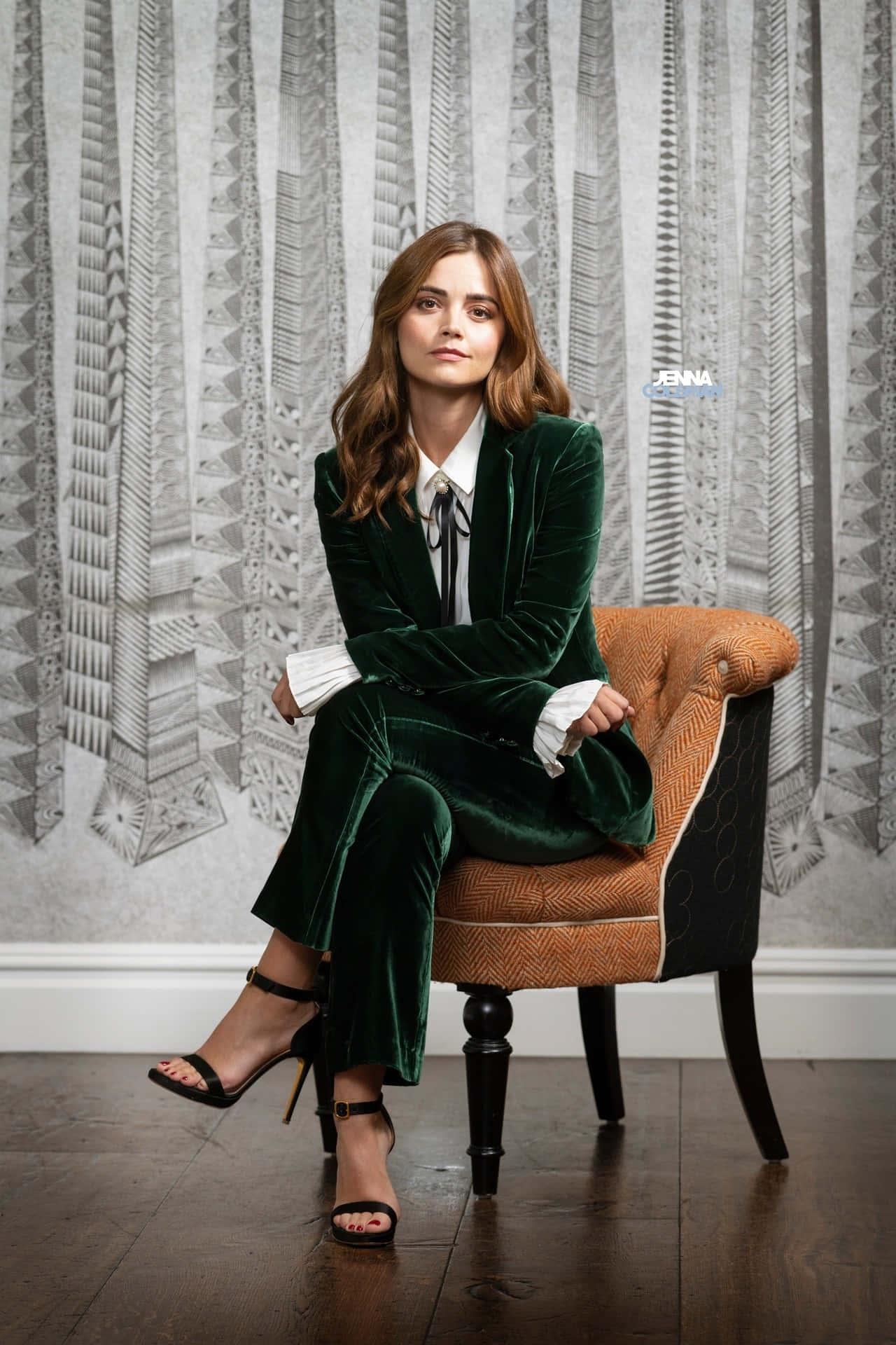 Jenna Coleman, rich green velvet suit, patterned armchair, Full HD Phone Wallpaper