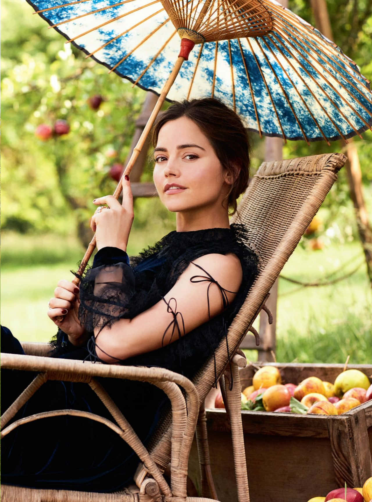 Jenna Coleman, black lace dress, blue patterned parasol, HD Phone Wallpaper